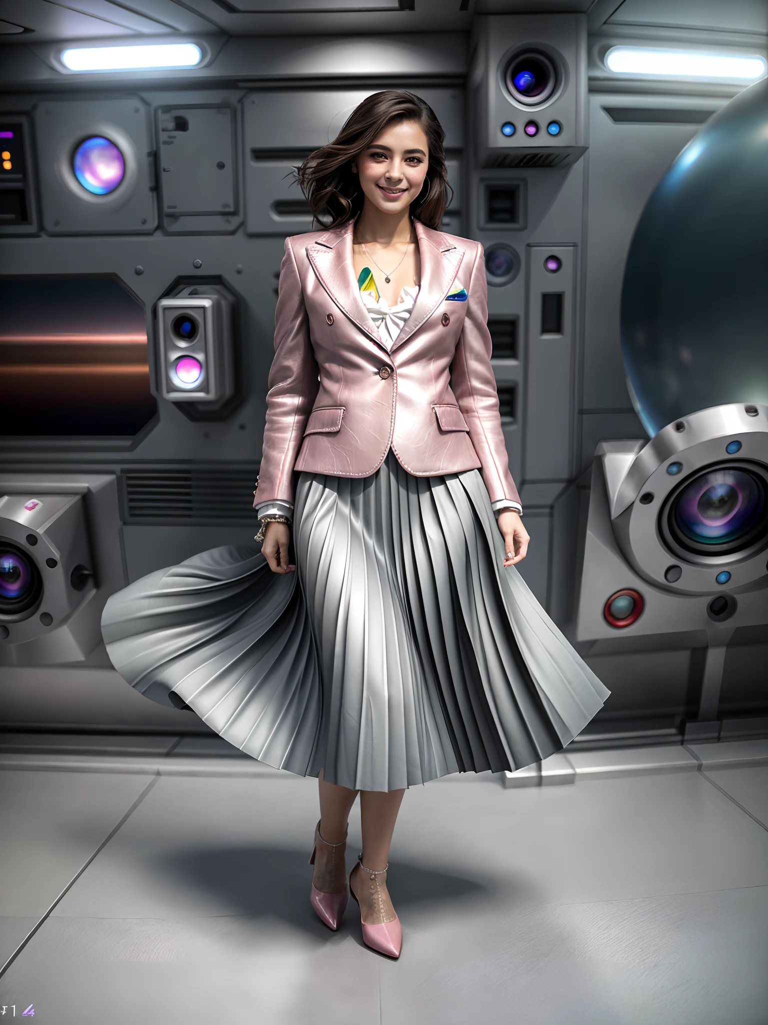 (shy:1,6) (smiling;1,1) flirty girly girl playing with skirt, dancing, wearing short blazer and very very detailed (long (fully pleated) full circle skirt) and (simple) low heeled office shoes, very very intricate hyper-detailed symmetric (attractive graceful young feminine face) with (sad, tired eyes and a shy smile), large breasts, full of empathy and compassion and love, (pronounced (feminine) features), (highly detailed ultra accurate realistic) hands and fingers, (windy conditions and wind blowing), epic composition, highly detailed attributes, highly detailed space station background, (35mm f1.4 Kodak portra 400 photograph), extremely high quality RAW photograph,