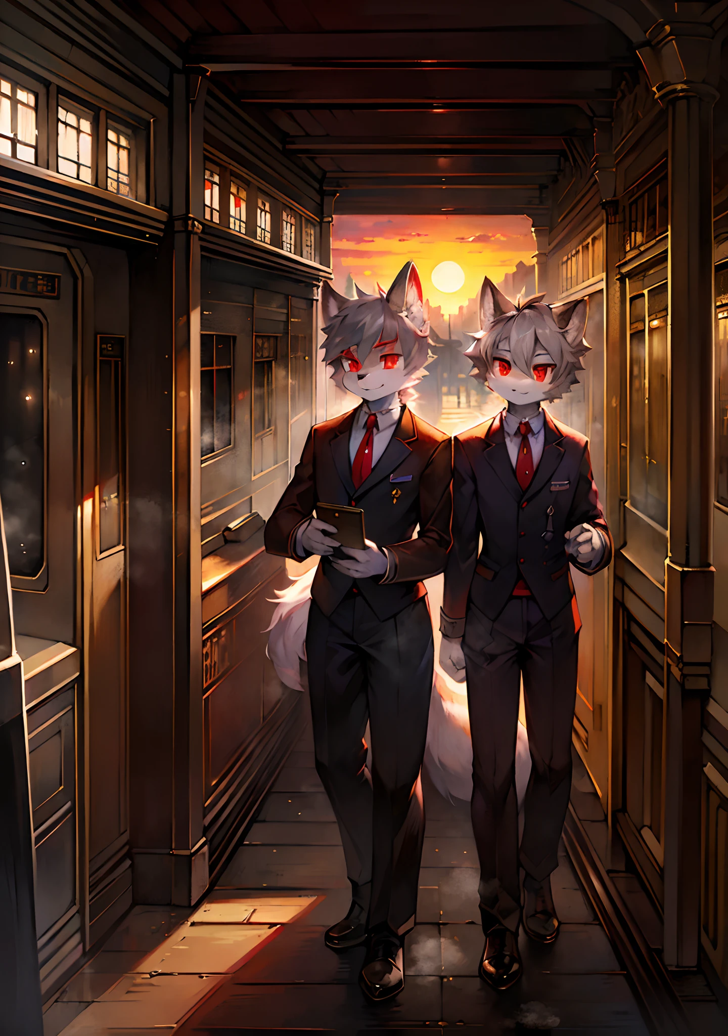 Masterpiece, high quality, digital painting/(artwork/), (anthro, fluffy fur), anthro male cat, short hair, eyes with brightness, panoramic view, (full body fur, fluffy tail, grey fur, red eyes, gray hair), train conductor outfit, steam train on the background, high detail background, train station, sunset