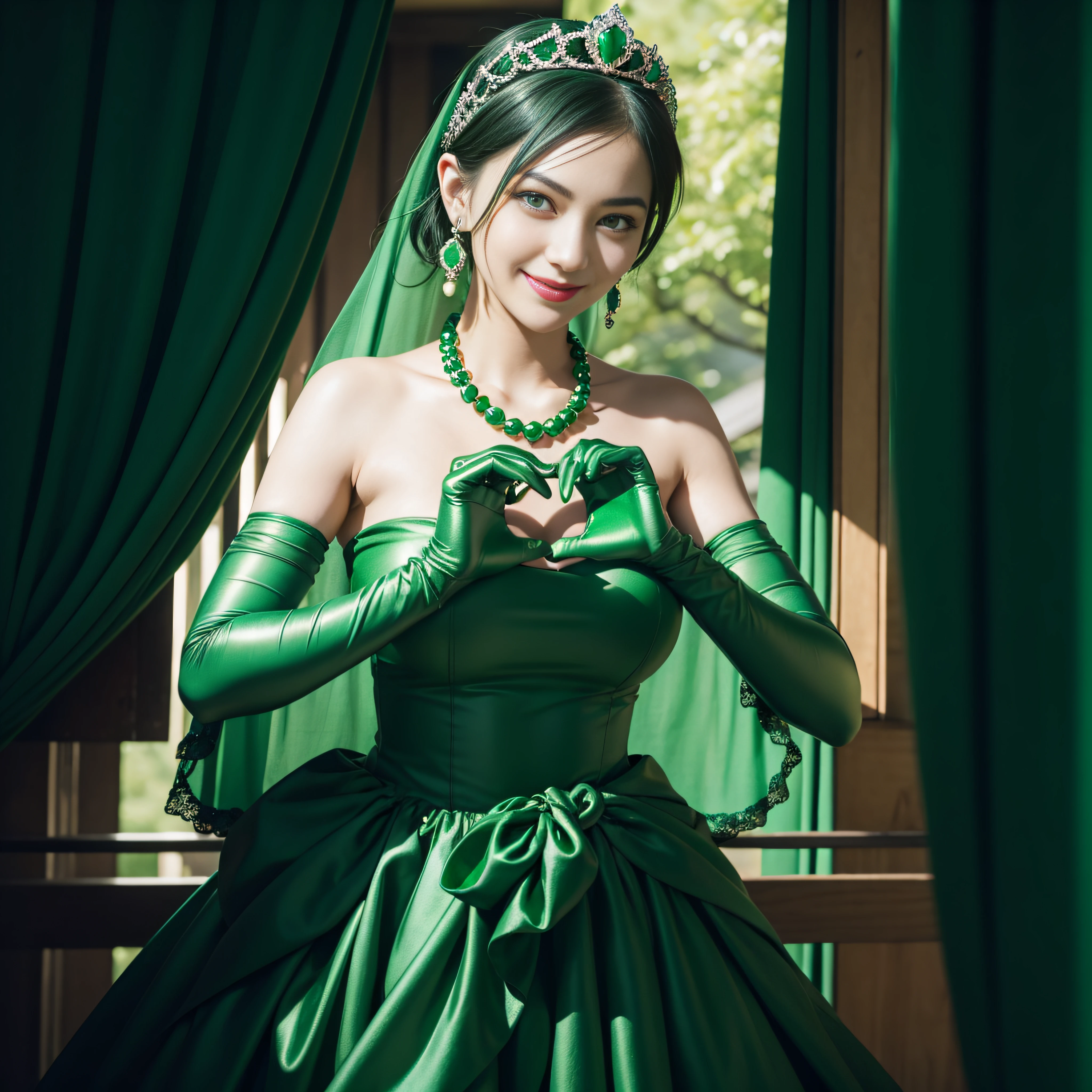 emerald tiara, Green Pearl Necklace, Boyish very short green hair, lipsticks, Japan woman smiling, very short short hair, big breasts beautiful, Green eyes, Long green gloves made of satin material, Green eyes, Emerald Earrings, green vale, Heart with both hands