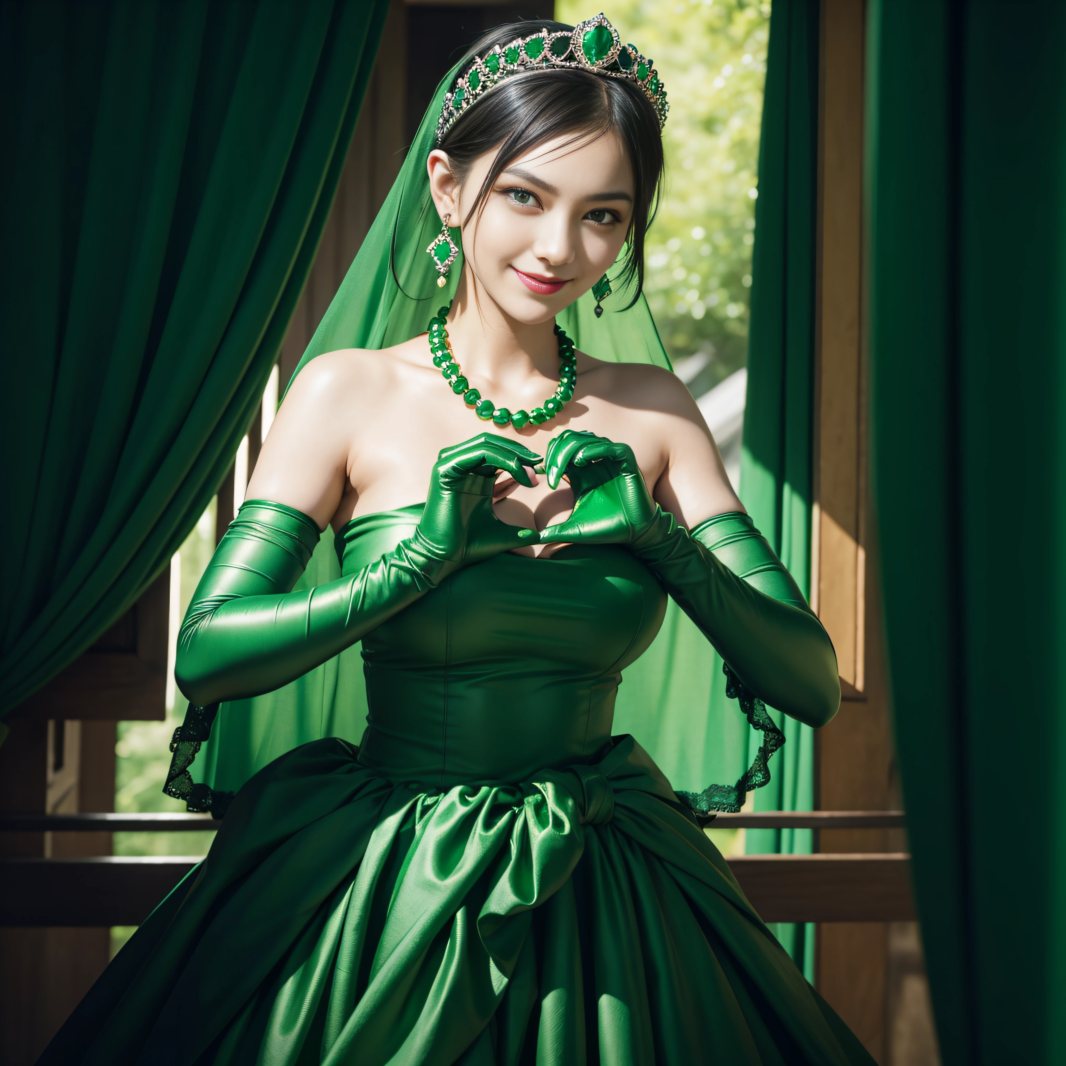 emerald tiara, Green Pearl Necklace, Boyish very short black hair, lipsticks, Japan woman smiling, very short short hair, big breasts beautiful, Green eyes, Long green gloves made of satin material, Green eyes, Emerald Earrings, green vale, Heart with both hands