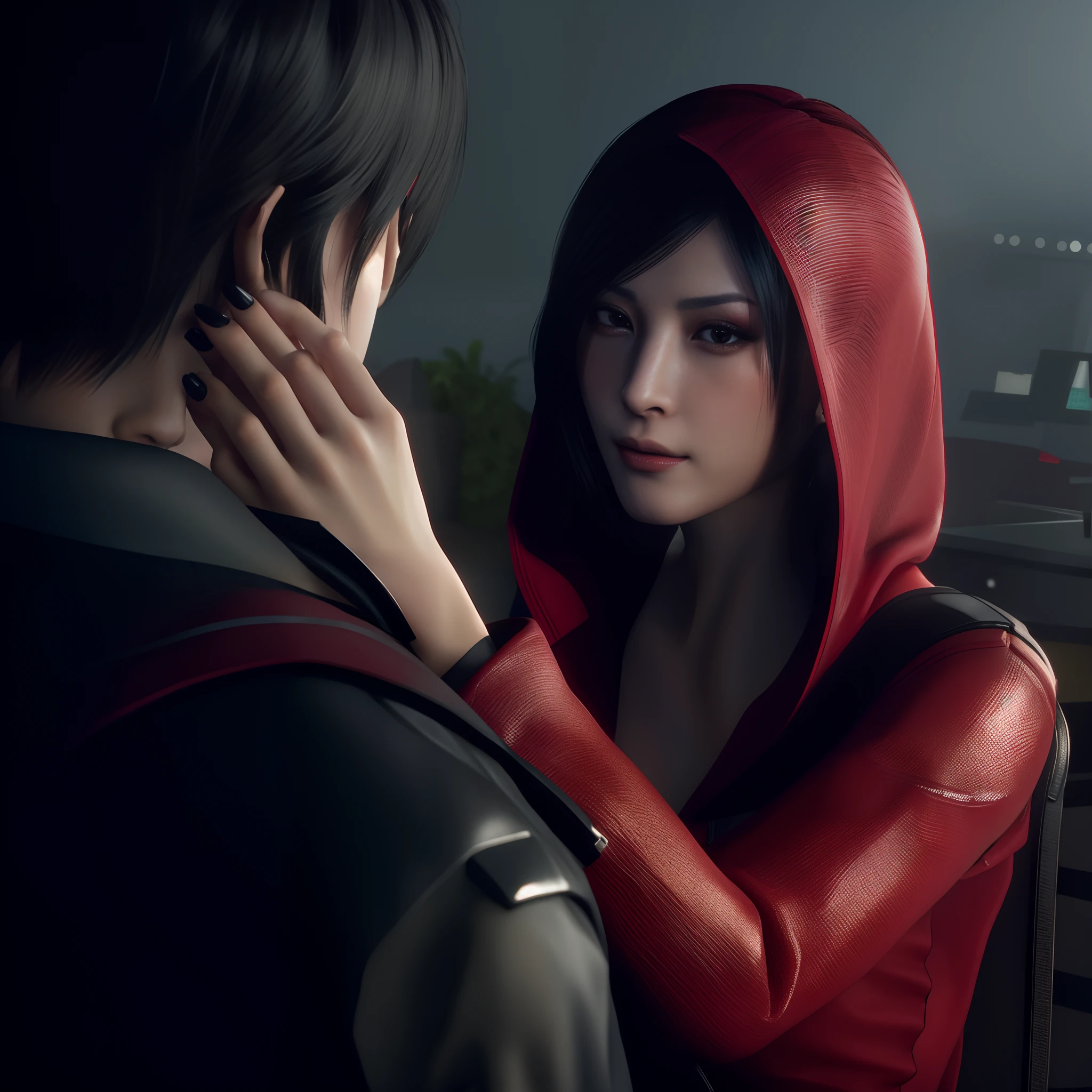 Ada wong, beautiful face, bob hair, perfect Face, wearing mini red dress hoody, wearing hoody, black nail polish, friendly face, glare, girly