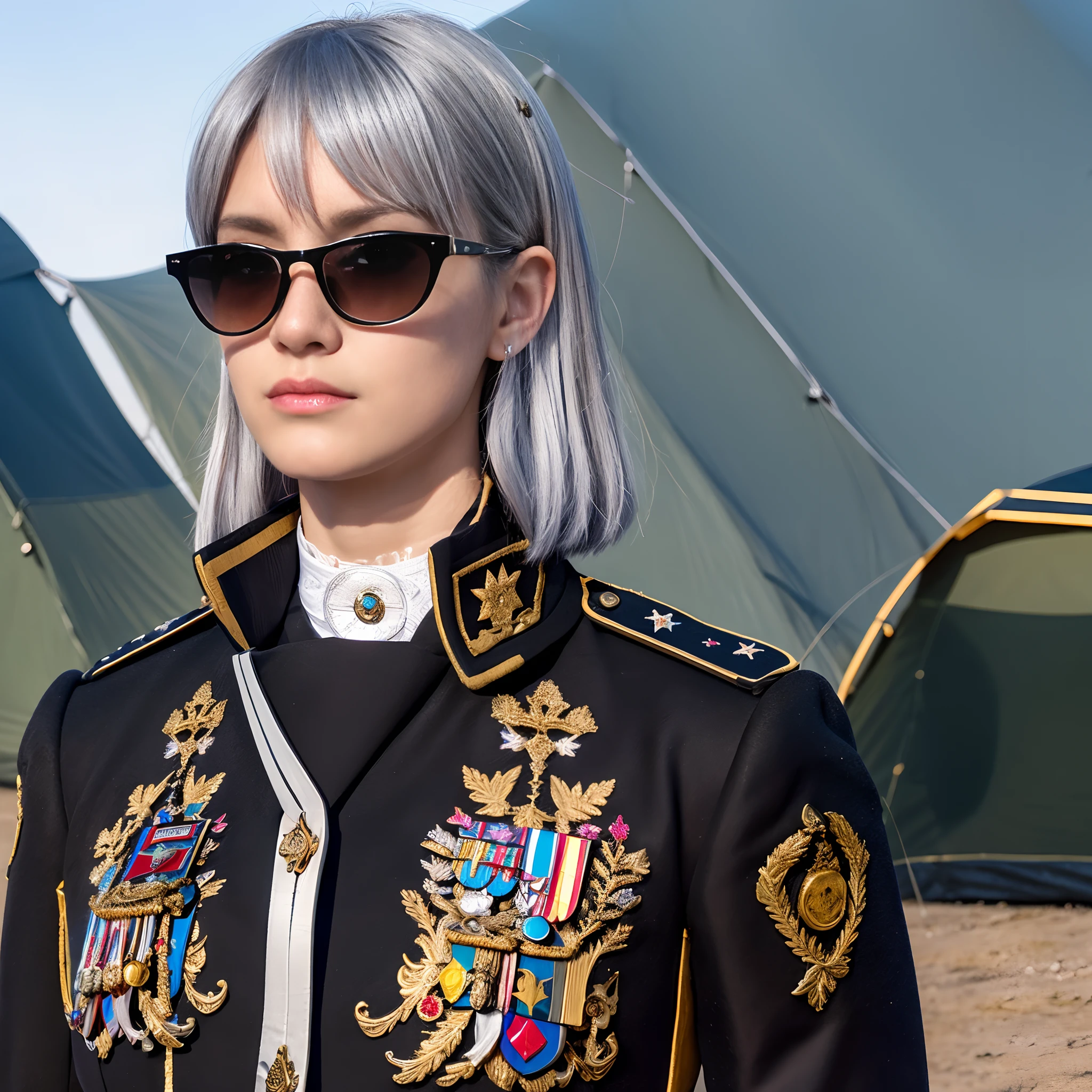 (A woman with silver hair, wearing a military uniform with a black sunglasses, in front view) (best quality, ultra-detailed, realistic),illustration,sharp focus,highres,studio lighting,vivid colors,silver hair,feminine features,detailed facial expressions,confident gaze,straight posture,elaborate military uniform,well-defined buttons and insignia,on the shoulder,epaulettes,elaborate details on the collar and cuffs,detailed embroidery,sunglasses with black frames,reflective surface,emphasis on the reflections,background with a hint of military camp atmosphere,distant army tents,the woman stands in front of the tents,strong sunlight casting shadows on the ground,dramatic lighting,contrasting light and shadow,commanding presence,coloxffac0r tone with a touch of warmth