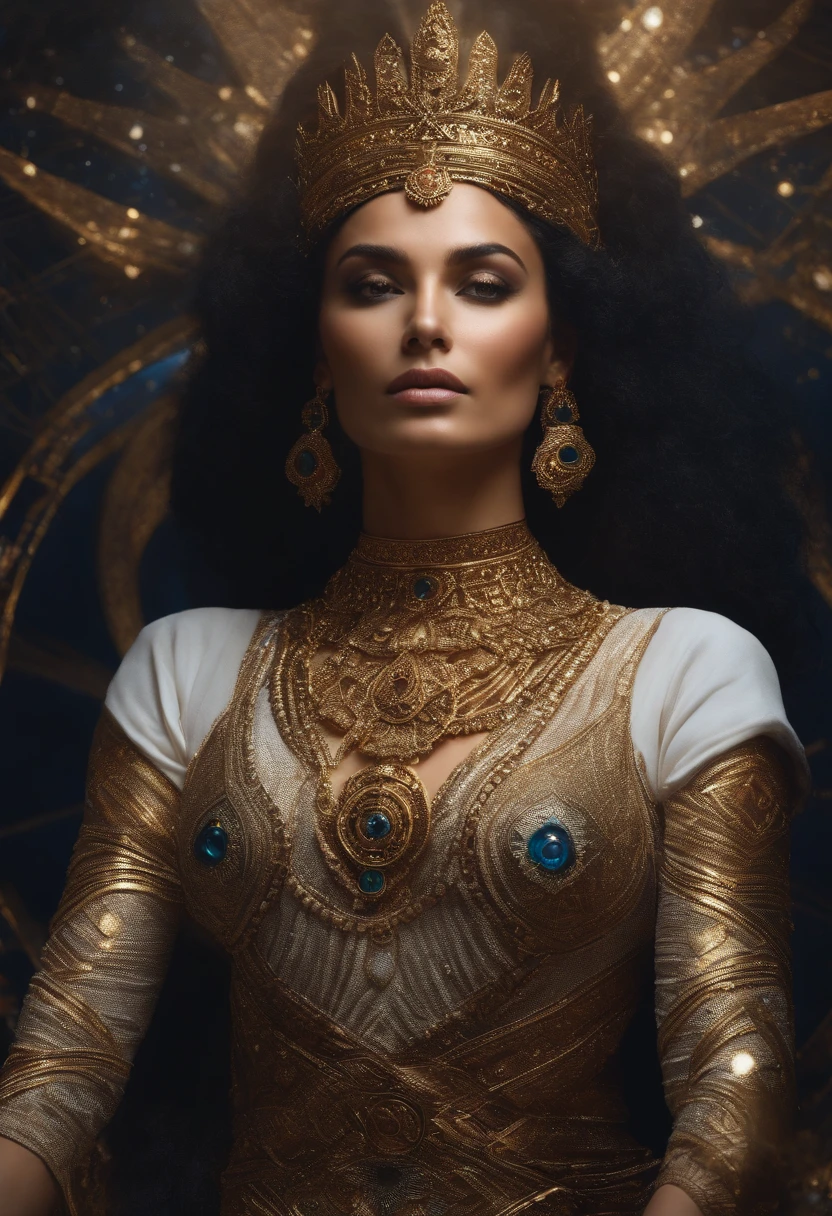 Um close up de uma pessoa com uma roupa branca com uma estrela de David, Qliphoth, Anunaki, Imperador do universo conhecido, goddess of space and time, Rainha e governante do universo, Djinn human hybrid, Os Annunaki Fazendo Humanos, canalizando a energia do terceiro olho, portrait of a cosmic goddess, Ajna Chakra