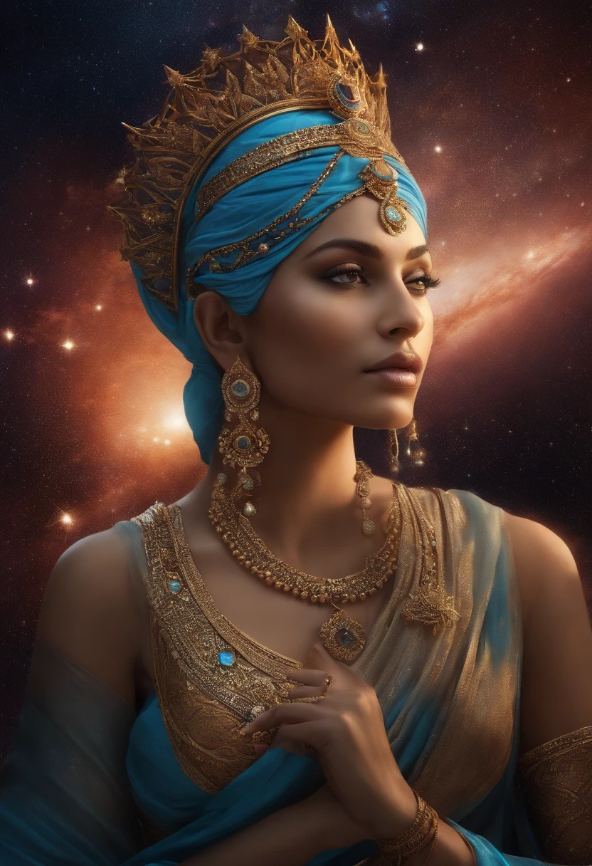 Um close up de uma pessoa com uma roupa branca com uma estrela de David, Qliphoth, Anunaki, Imperador do universo conhecido, goddess of space and time, Rainha e governante do universo, Djinn human hybrid, Os Annunaki Fazendo Humanos, canalizando a energia do terceiro olho, portrait of a cosmic goddess, Ajna Chakra