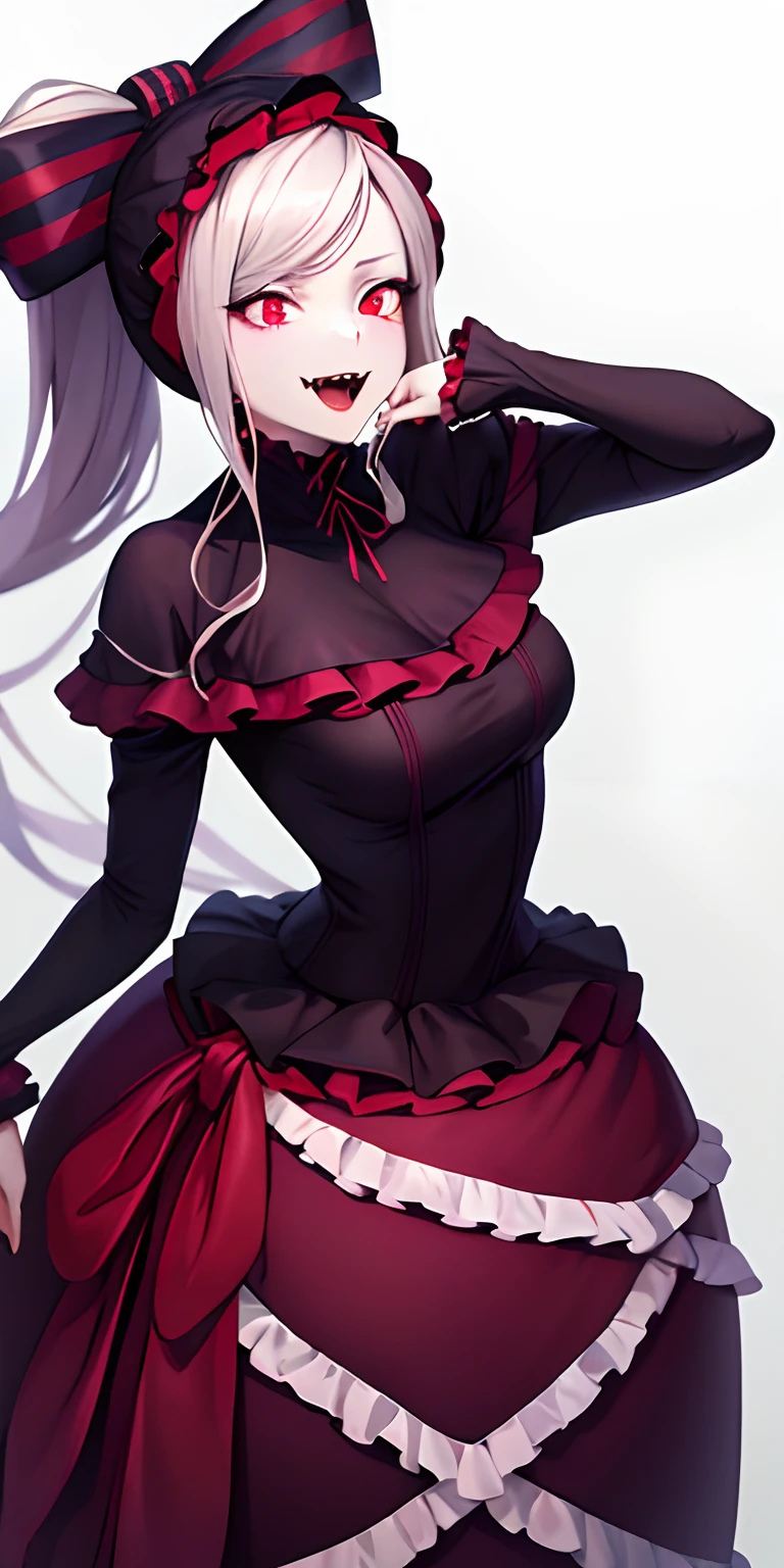 masterpiece, best quality, ShalltearV4, 1girl, solo, dress, frills, bow, hair bow, fangs, pale skin, glowing, glowing eyes, portrait, vampire