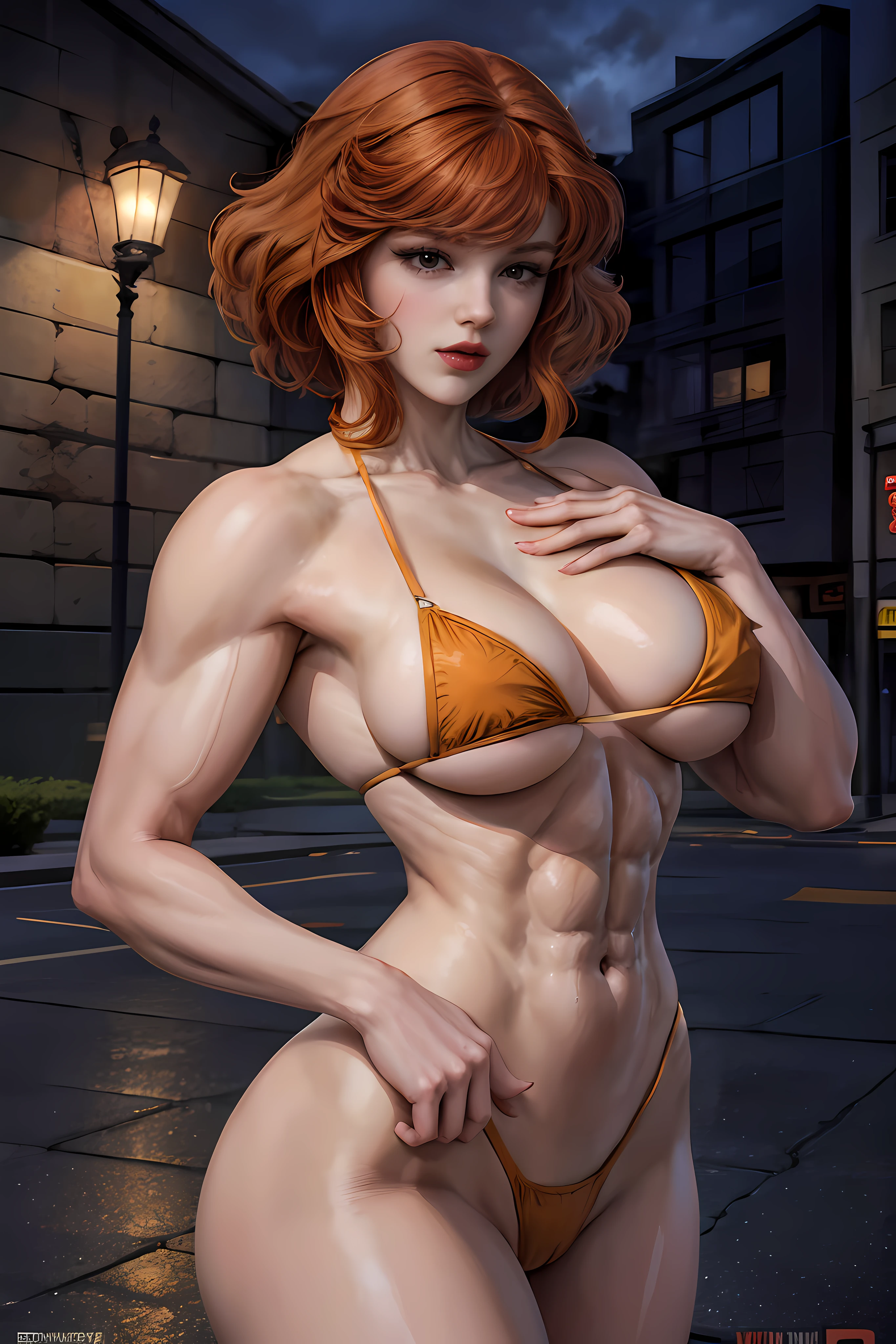April O'neil, 1girl, lipstick, red-lips , yellow bikini, large breasts, lipstick, upper-body, Abs, very large muscles,  brown hair, redhead hair, Short Hair, orange hair, background night city ​​street