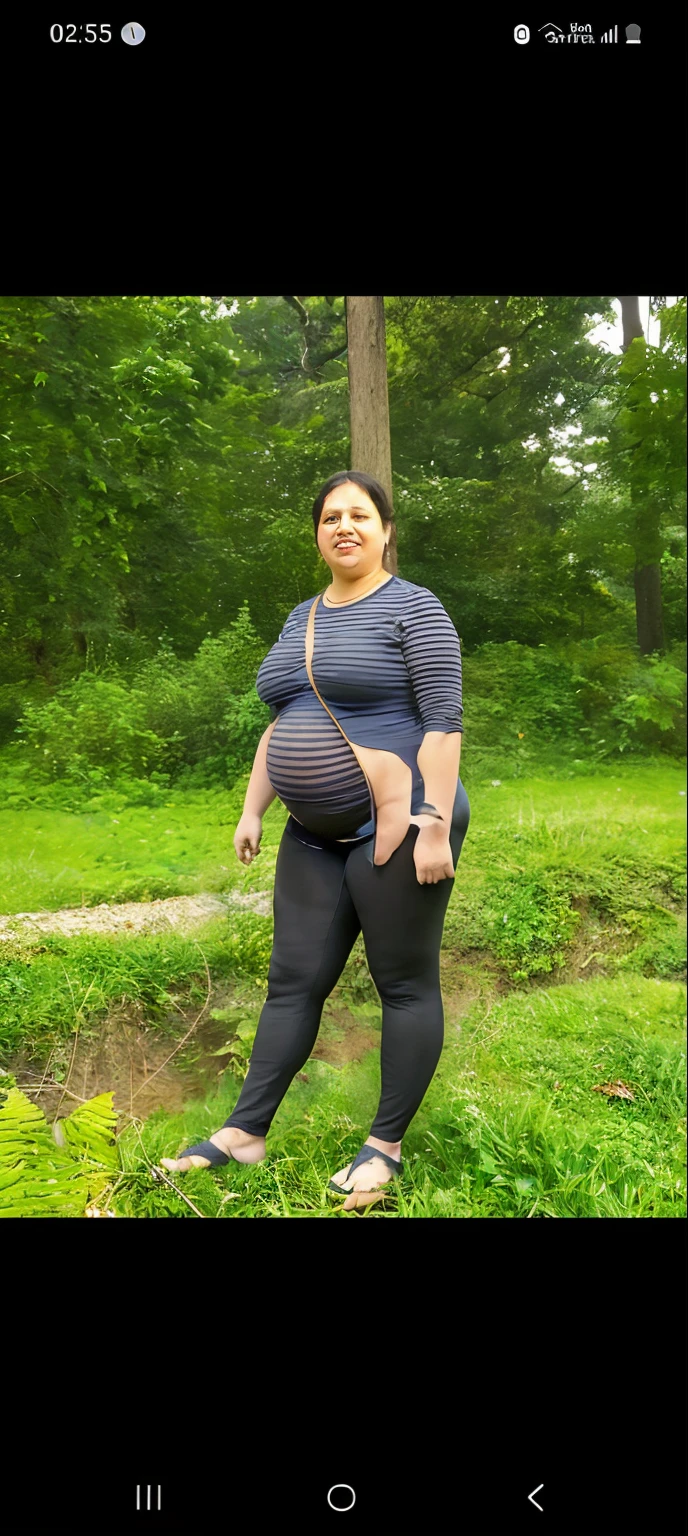 Morbidly obese woman with gigantic bloated pregnant belly pot belly, her belly is bulging out of her tight clothes, her thighs are extremely fat, her t shirt is rolling up above her fat belly