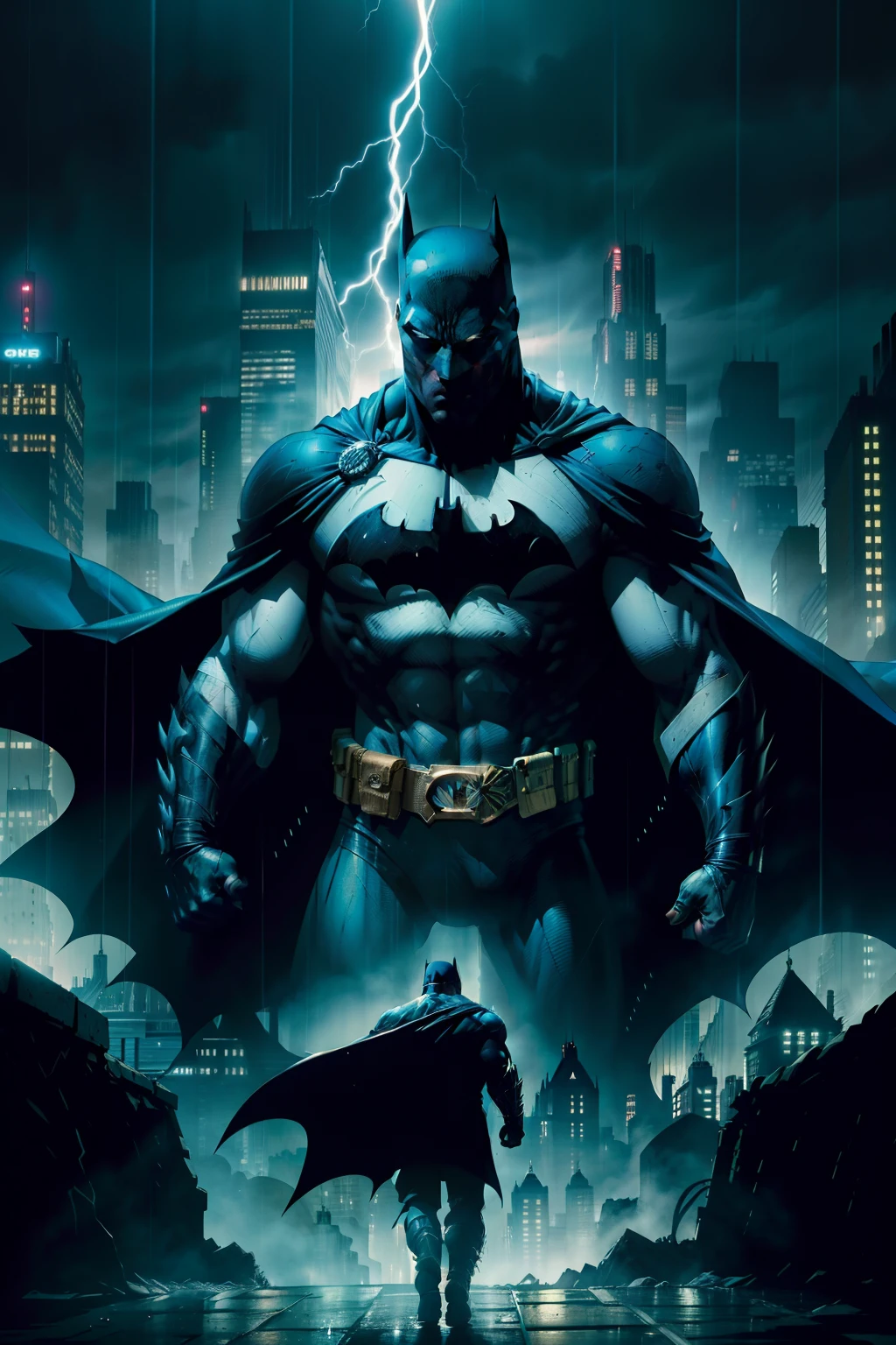 Certainly, here's the prompt translated into English:

"Vividly describe the moment when Batman confronts his deepest fears and the complex of his parents' death. He stands on a rainy night, on the edge of a cliff, gazing at Gotham City in the distance. Rain trickles down his face, mixing with the tears he struggles to contain. His tense body reflects the physical and mental effort he faces to overcome the pain that has haunted him since childhood. The gothic backdrop of the city lit by neon creates a dark and immersive atmosphere as he wrestles with the ghosts of his past. His dark cape billows in the wind, symbolizing his determination to protect Gotham despite his own fears. The artificial intelligence should capture this emotional and visual intensity to create a striking image in the style of DC Comics."