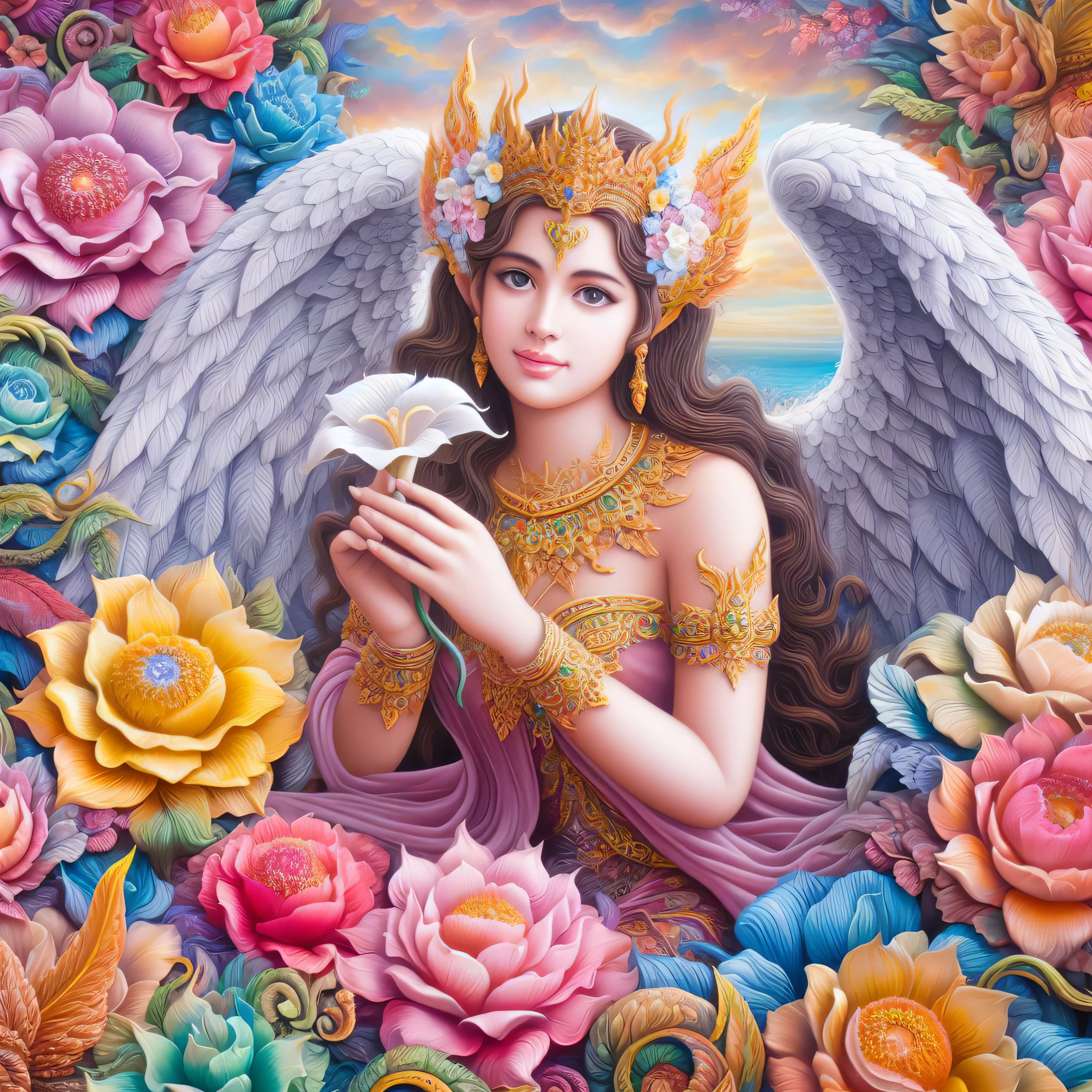 a painting of a woman with wings and flowers in her hands, beautiful angel, of beautiful angel, beautiful female angel, of an beautiful angel girl, portrait of a beautiful angel, goddess of love and peace, beautiful angel girl portrait, flower goddess, full of paintings of angels, winged girl angel, angel girl, devi wings, beautiful goddess, very beautiful fantasy art