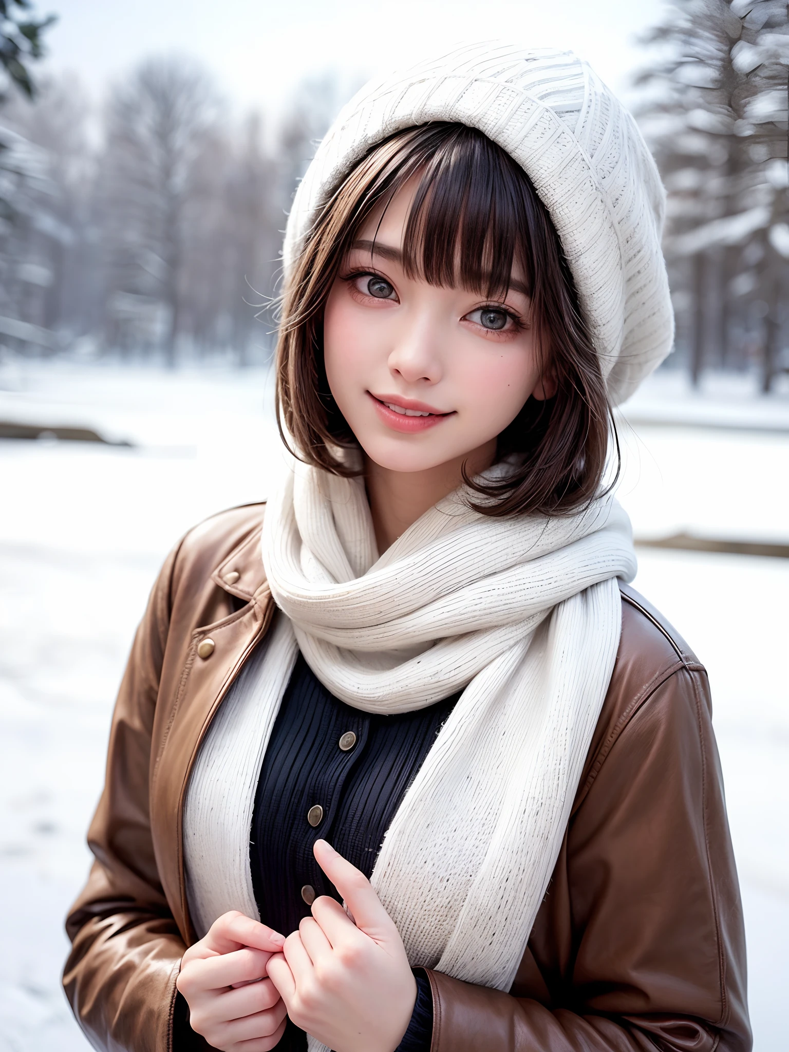 (masterpiece, top-quality),1girl in, 独奏, A dark-haired, scarf, Hats, realisitic, realisitic, looking at the viewers, black eyes of light color, Brunette Short Bob Hair, Brown coat, Winter clothes, White headscarf, s lips, bangss, plein air, a closed mouth, The upper part of the body、big eye、Lashes、((Beautiful landscape of sparkling snow))、(((Shorthair with bangs、big eye、large full breasts、gazing at viewer、Beautiful beauty、Put your ears out、long neck、little smiling、Close your mouth and smile)))、