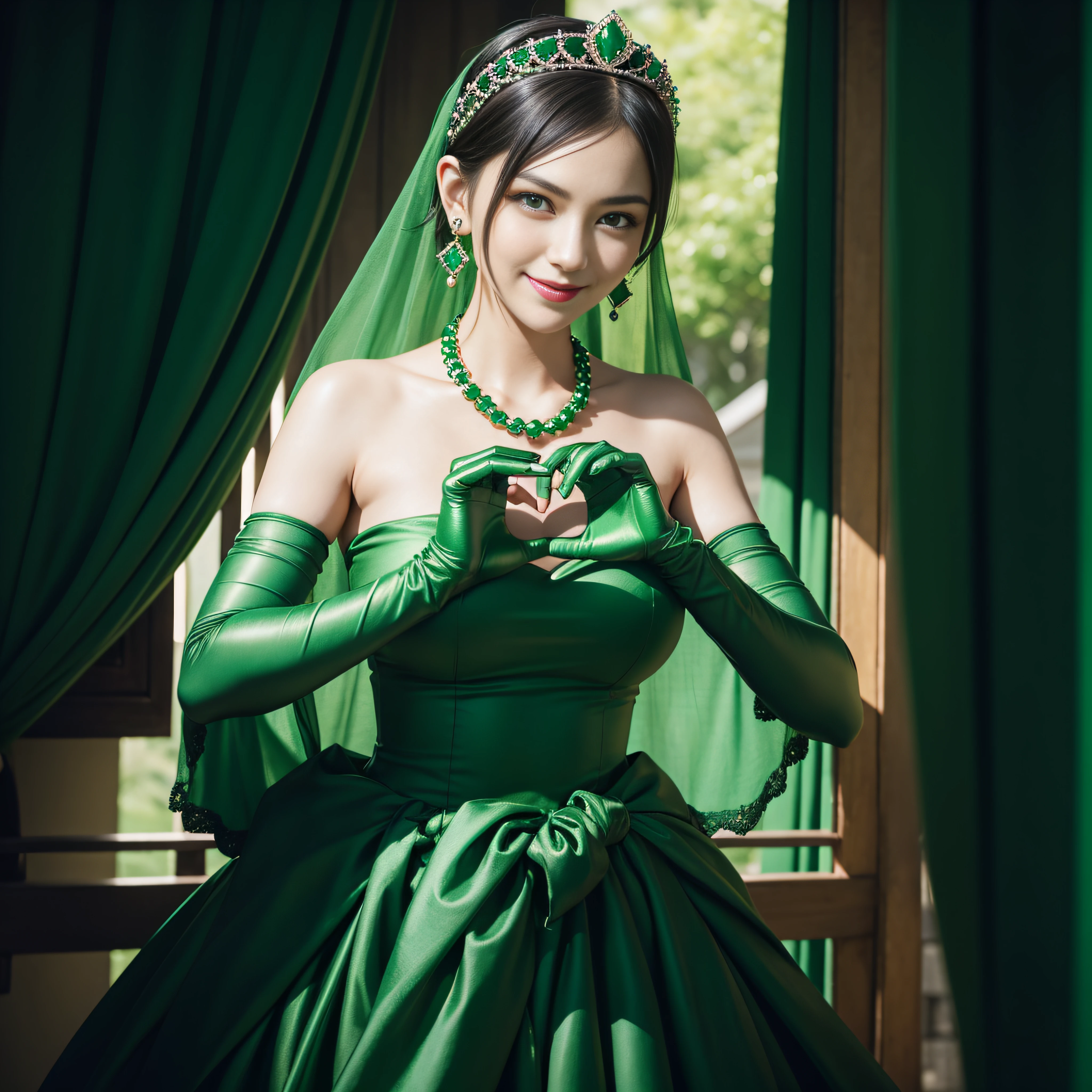 emerald tiara, Green Pearl Necklace, Boyish very short black hair, lipsticks, Japan woman smiling, very short short hair, big breasts beautiful, Green eyes, Long green gloves made of satin material, Green eyes, Emerald Earrings, green vale, Heart with both hands