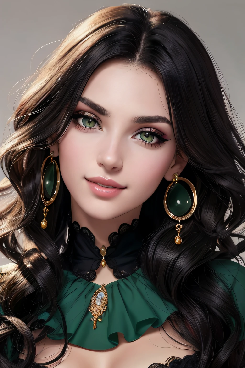 (beautiful girl:1.2), earrings, collar, cleavage, shy smile, (masterpiece, high quality, best quality:1.3), Detailed, 25 year old young, (long curly black hair:1.2), (green eyes:1.1), (thin lips), (monolid eyes), realistic, (arched eyebrows), lip gloss, (eyeshadow:1.2), (makeup), (eyelashes), [slim waist], [medium breasts],