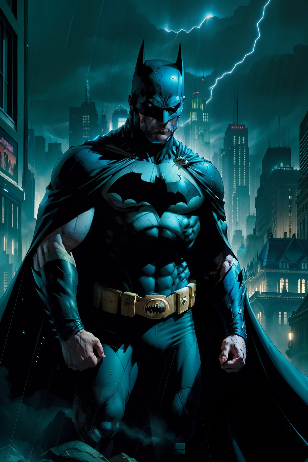 Certainly, here's the prompt translated into English:

"Vividly describe the moment when Batman confronts his deepest fears and the complex of his parents' death. He stands on a rainy night, on the edge of a cliff, gazing at Gotham City in the distance. Rain trickles down his face, mixing with the tears he struggles to contain. His tense body reflects the physical and mental effort he faces to overcome the pain that has haunted him since childhood. The gothic backdrop of the city lit by neon creates a dark and immersive atmosphere as he wrestles with the ghosts of his past. His dark cape billows in the wind, symbolizing his determination to protect Gotham despite his own fears. The artificial intelligence should capture this emotional and visual intensity to create a striking image in the style of DC Comics."