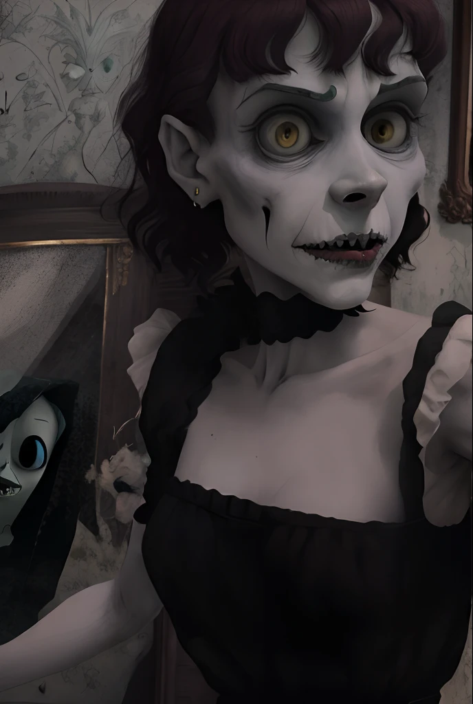 Menina no susto.Not reflected in the mirror.Estilo Tim Burton. The Corpse Bride. animation style. not realistc. cartoon strokes. It's not scary. friendly face.