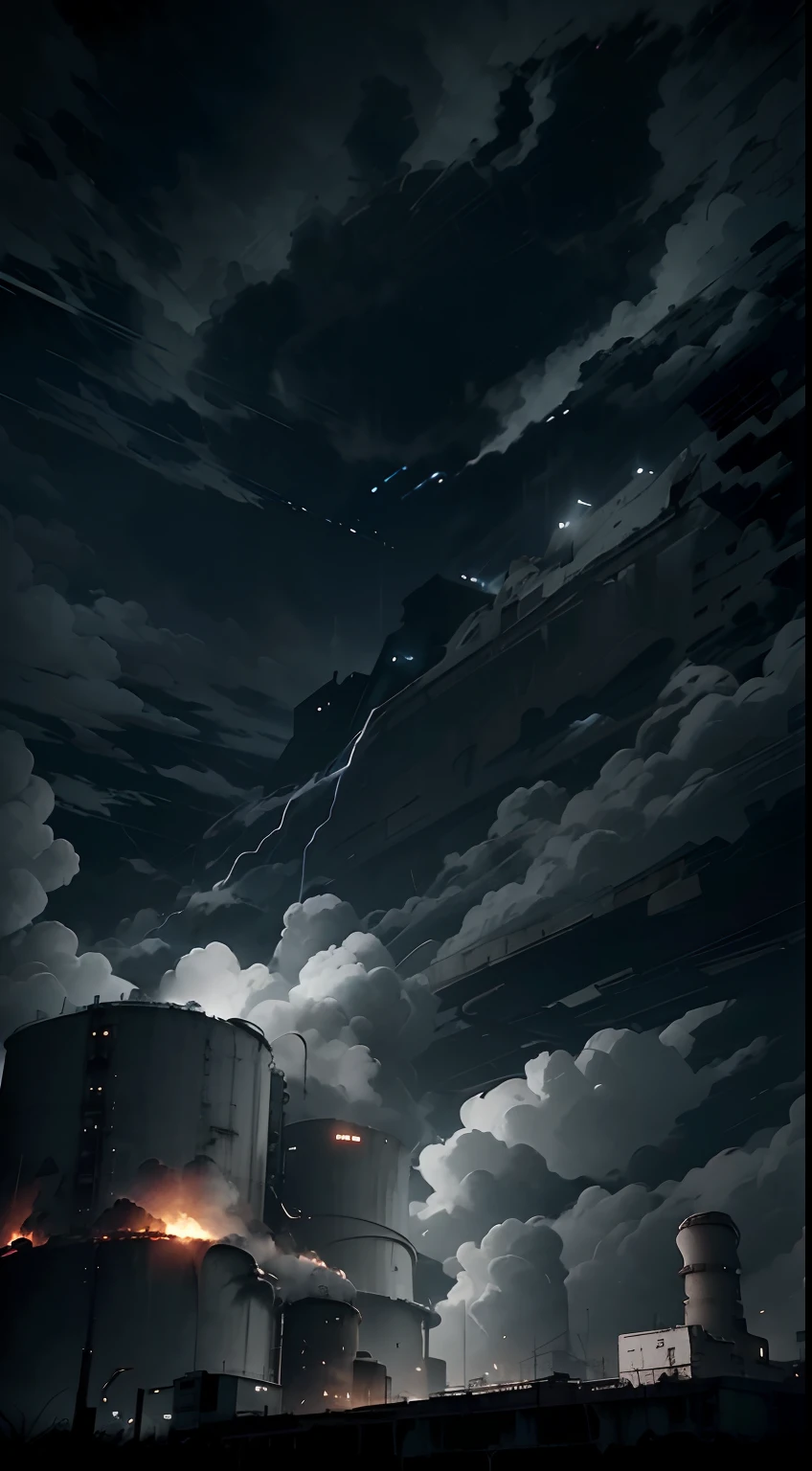 Industrial ruins of a nuclear power plant, Autumn Moonlit Night, There are bare trees around, Destroyed houses, Abandoned oil refinery, Black clouds in the sky, thunder-storm, Dark Fantasy Style, max detail, Palette: Black, Red, White, Grey