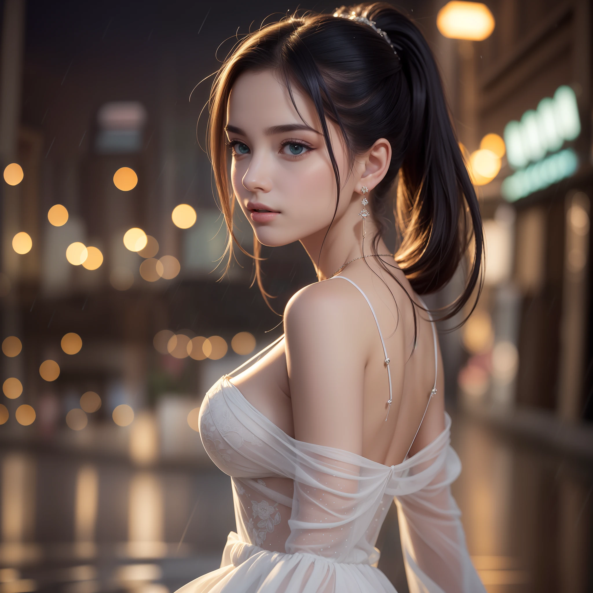 (Standing on a dark street), (street light), (modest lighting), (Night), Random posture, (Very delicate and beautiful work), (masterpiece), 1 girl, Girl in a white dress, Very detailed, Leaky waist, Ponytail distortion, Attractive look, Beautiful clear eyes, Pupil of green eyes, Delicate necklace, Delicate earrings, Fairy ears, Simple blurred background, Extreme detailed description, beautiful, charming, Ultra-fine painting, delicate face, delicate figure, thin collarbone, lovely lips, beautiful breasts, soft back, mix4,(8k, RAW photo, top quality, masterpiece: 1.2), (realistic, photorealistic: 1.37), 1girl, cute, cityscape, night, rain, wet, professional lighting, photon mapping, radiosity, physically based rendering,