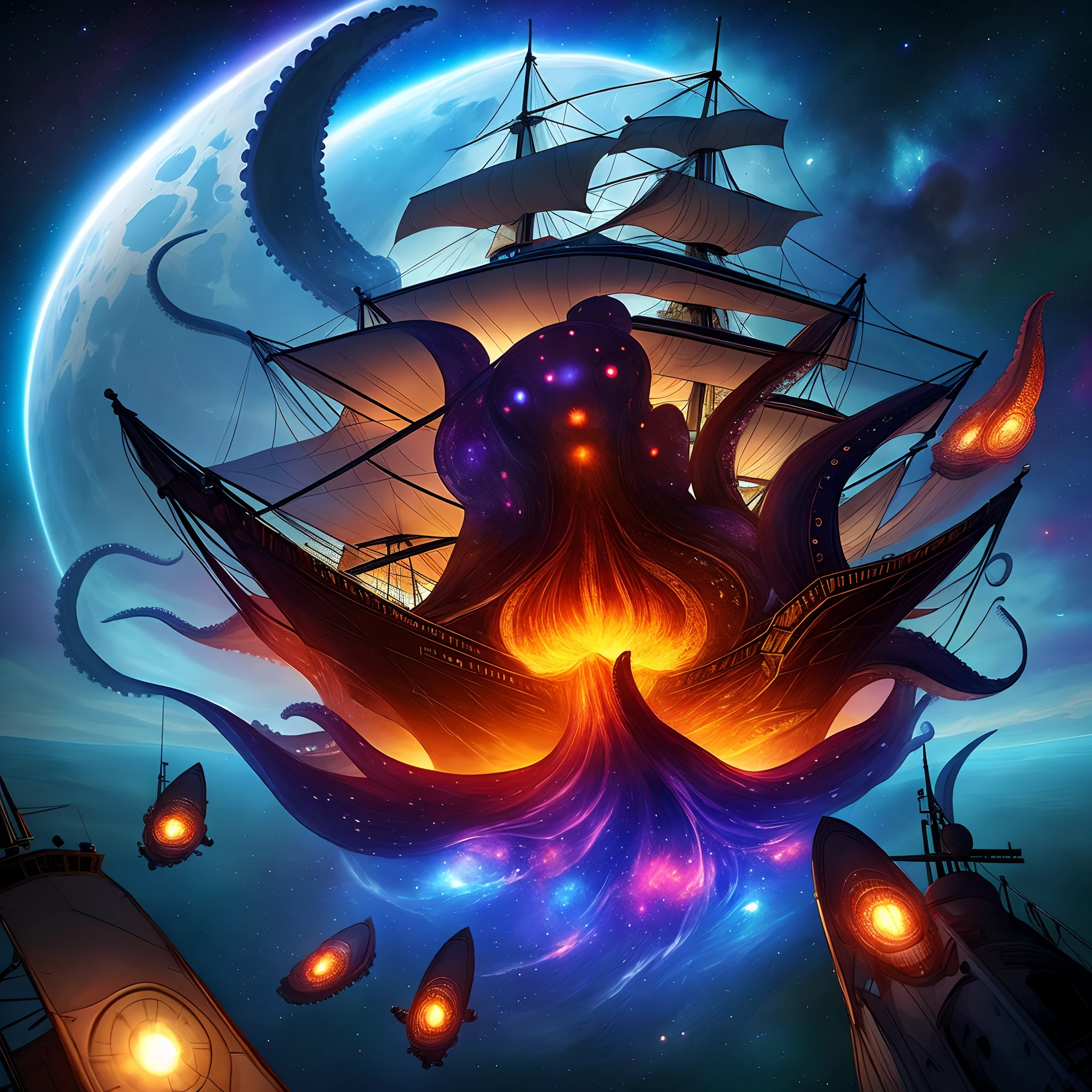 space and a giant octopus in the middle controlling some ships around it