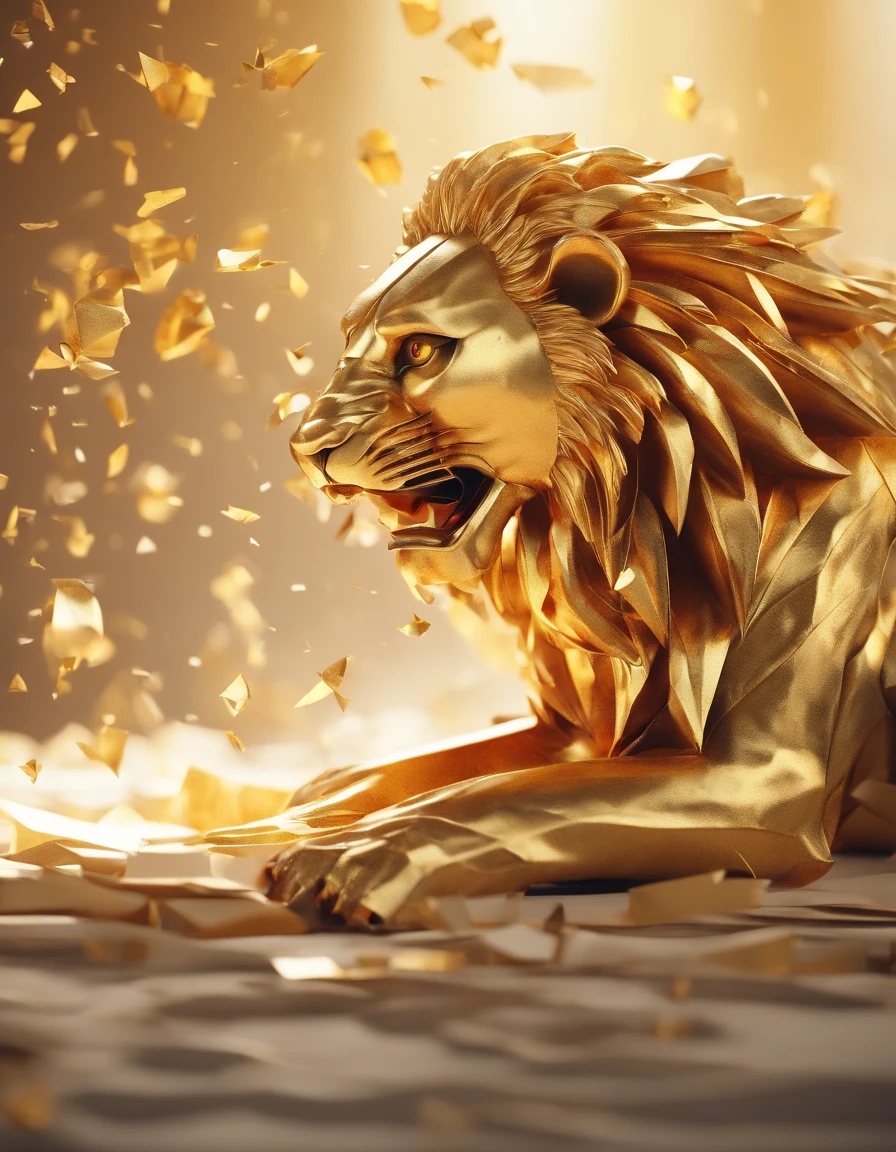 lions  roaring, paper origomi, cinematic light, golden particles, shallow depth of field