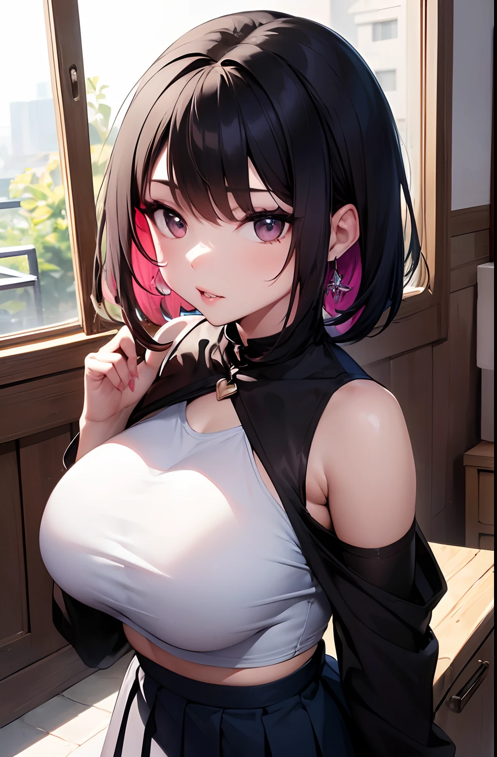 (masterpiece), (portrait), big breasts (aesthetics), ((1 female 21 years old)), Highlight earrings), ((Short hair)), ((Hot magenta hair)), Wavy hair, thin eyes open, brown eyes, cute, female, woman, feminine, beautiful, female features, top, high quality, aesthetic clothing, professional angle, (rule of thirds), (feminine), (feminine), (feminine), (beautiful) , (female ) features), solo, (Korean attractive), summer, (ink haze), (afternoon), (vibrant light), seductive posture, ((face looking forward))), long-sleeved simple hip off shoulder hop blouse short pleated skirt ((Energy)), (Bold Makeup), (Big Breasts), Fair Skin, (Clothes with Hip Hop Details), (Crop Top), (Sleep Neckline), Beautiful Hands, Body beautiful, beautiful ears, normal ears, beautiful eyes, bright eyes, beautiful mouth, beautiful lips, sideways