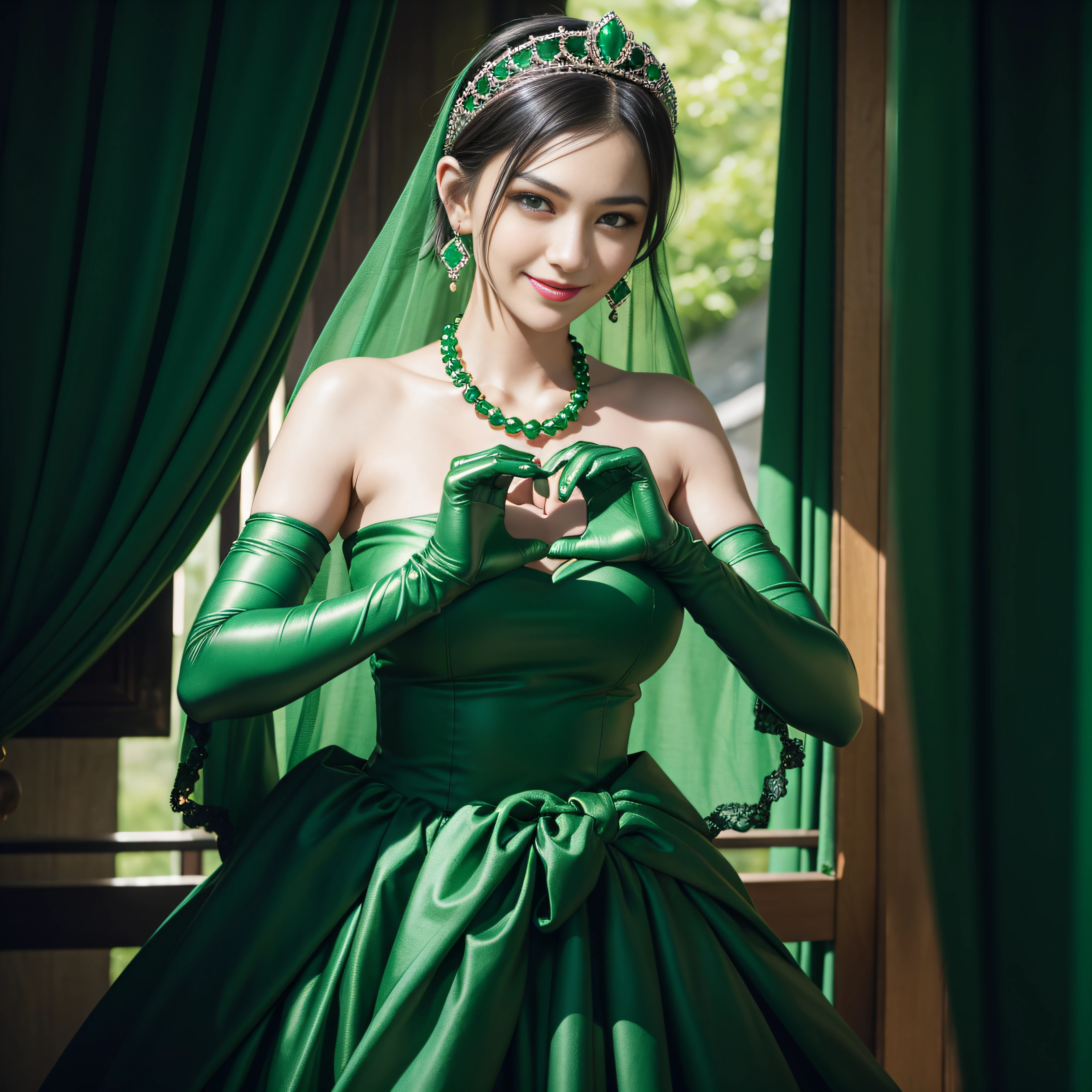 emerald tiara, Green Pearl Necklace, Boyish very short black hair, lipsticks, Japan woman smiling, very short short hair,  big breasts beautiful, Green eyes, Long green gloves made of satin material, Green eyes, Emerald Earrings, green vale, Heart with both hands