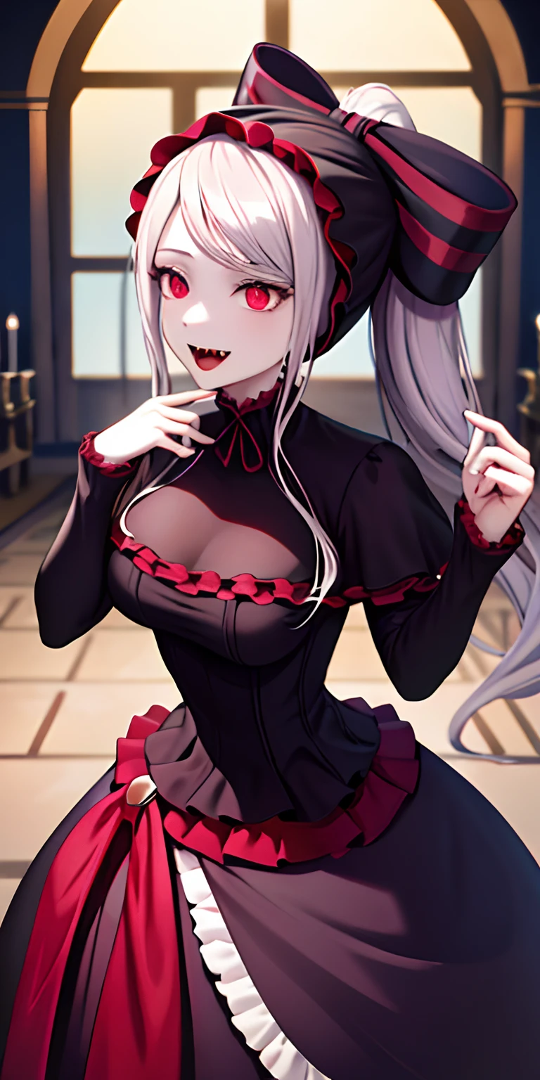 masterpiece, best quality, ShalltearV4, 1girl, solo, dress, frills, bow, hair bow, fangs, pale skin, glowing, glowing eyes, portrait, vampire