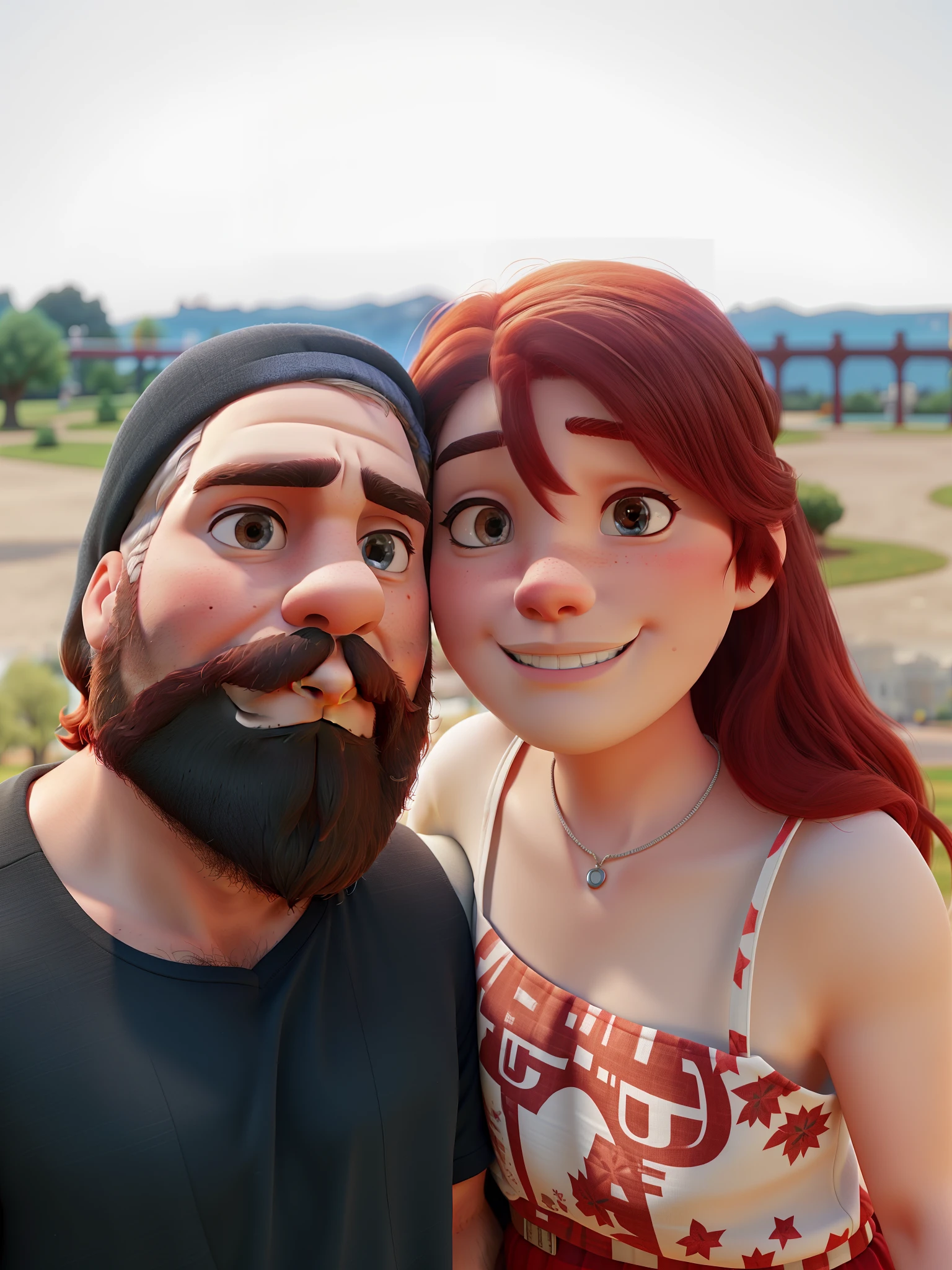 white, bearded man next to his girlfriend, also white with red hair, both with brown eyes, with a park in the background.