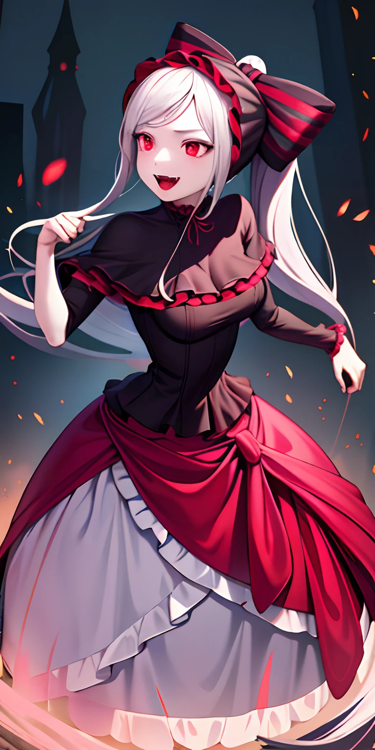 masterpiece, best quality, ShalltearV4, 1girl, solo, dress, frills, bow, hair bow, fangs, pale skin, glowing, glowing eyes, portrait, vampire