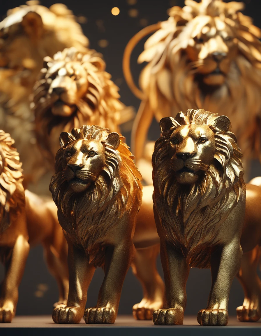 lions roaring, paper origomi, cinematic light, golden particles, shallow depth of field, dark theme