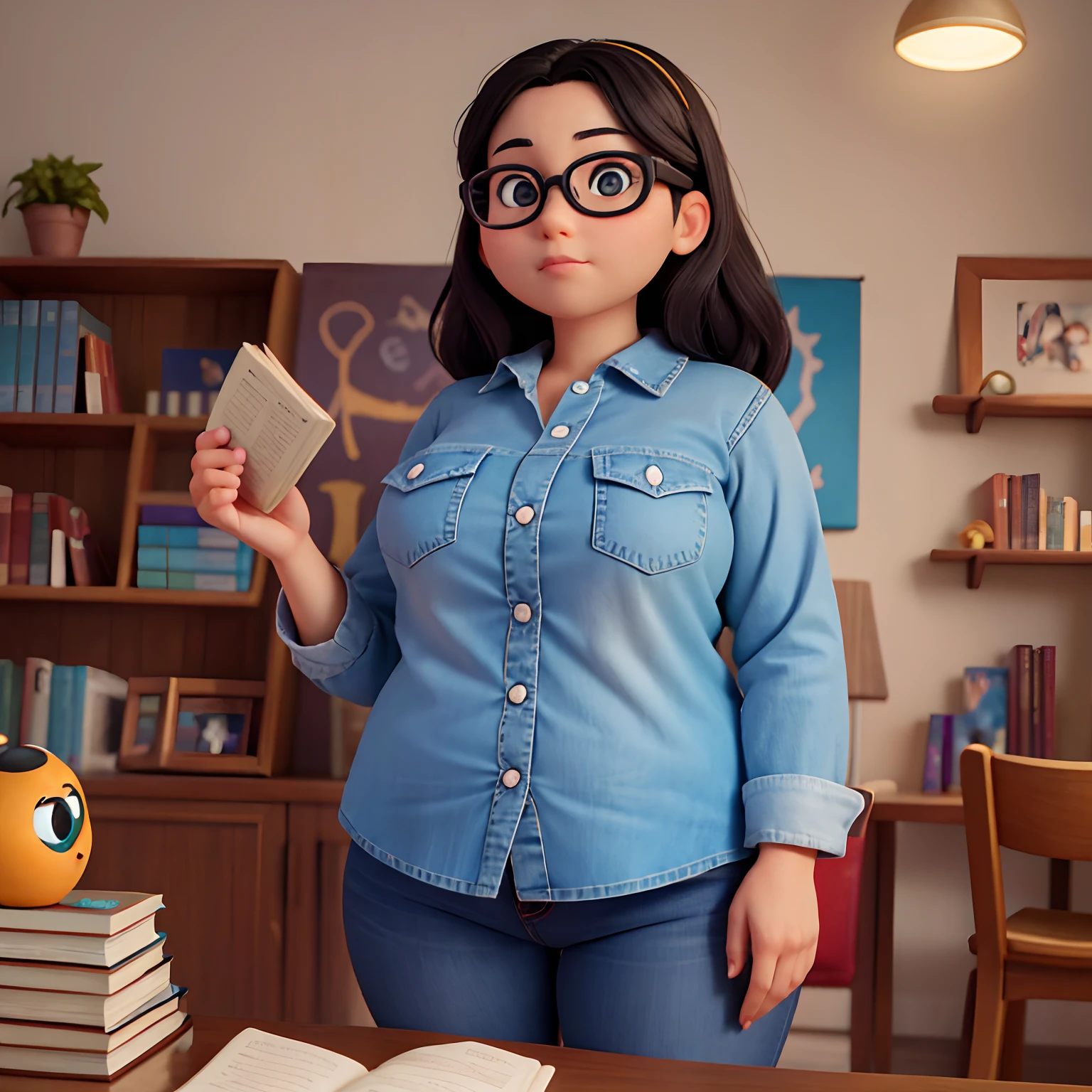 36-year-old young woman, 黑The eye, eye glass, Read books in a vibrant environment, realisticlying, Disney Pixar style, chubby, Wear a denim shirt and jeans,
