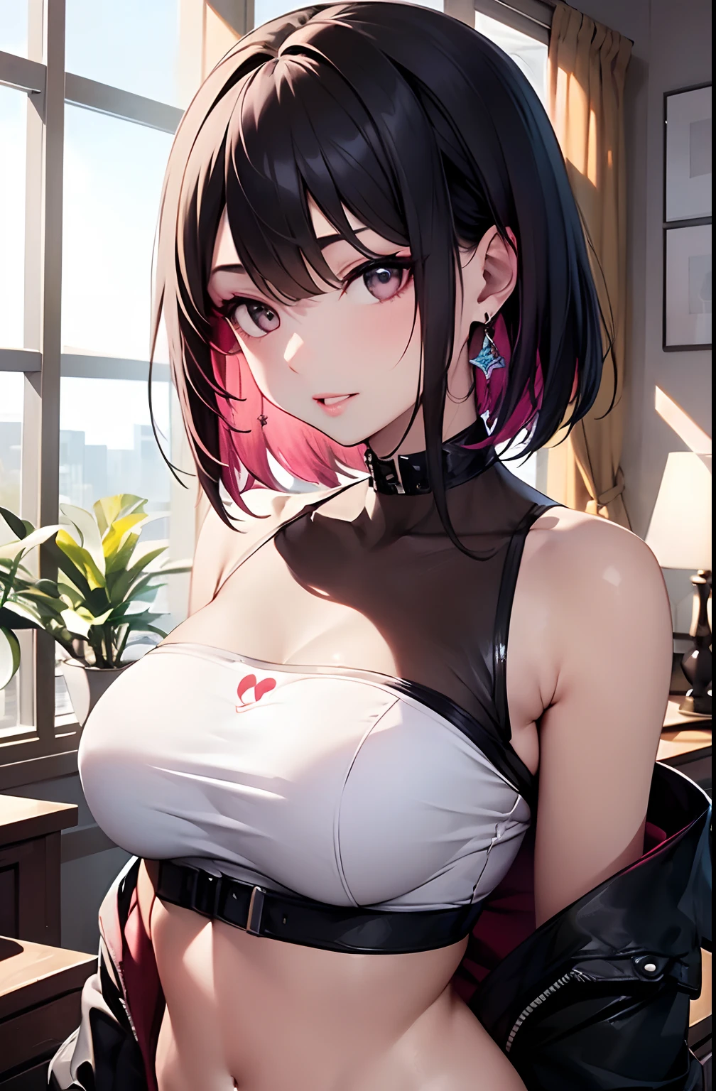 (masterpiece), (portrait), big breasts (aesthetics), ((1 female 21 years old)), Highlight earrings), ((Short hair)), ((Hot magenta hair)), Wavy hair, thin eyes open, brown eyes, cute, female, woman, feminine, beautiful, female features, top, high quality, aesthetic clothing, professional angle, (rule of thirds), (feminine), (feminine), (feminine), (beautiful) , (female ) features), solo, (Korean attractive), summer, (ink haze), (afternoon), (vibrant light), seductive posture, ((face looking forward))), long-sleeved simple hip off shoulder hop blouse short pleated skirt ((Energy)), (Bold Makeup), (Big Breasts), Fair Skin, (Clothes with Hip Hop Details), (Crop Top), (Sleep Neckline), Beautiful Hands, Body beautiful, beautiful ears, normal ears, beautiful eyes, bright eyes, beautiful mouth, beautiful lips, sideways
