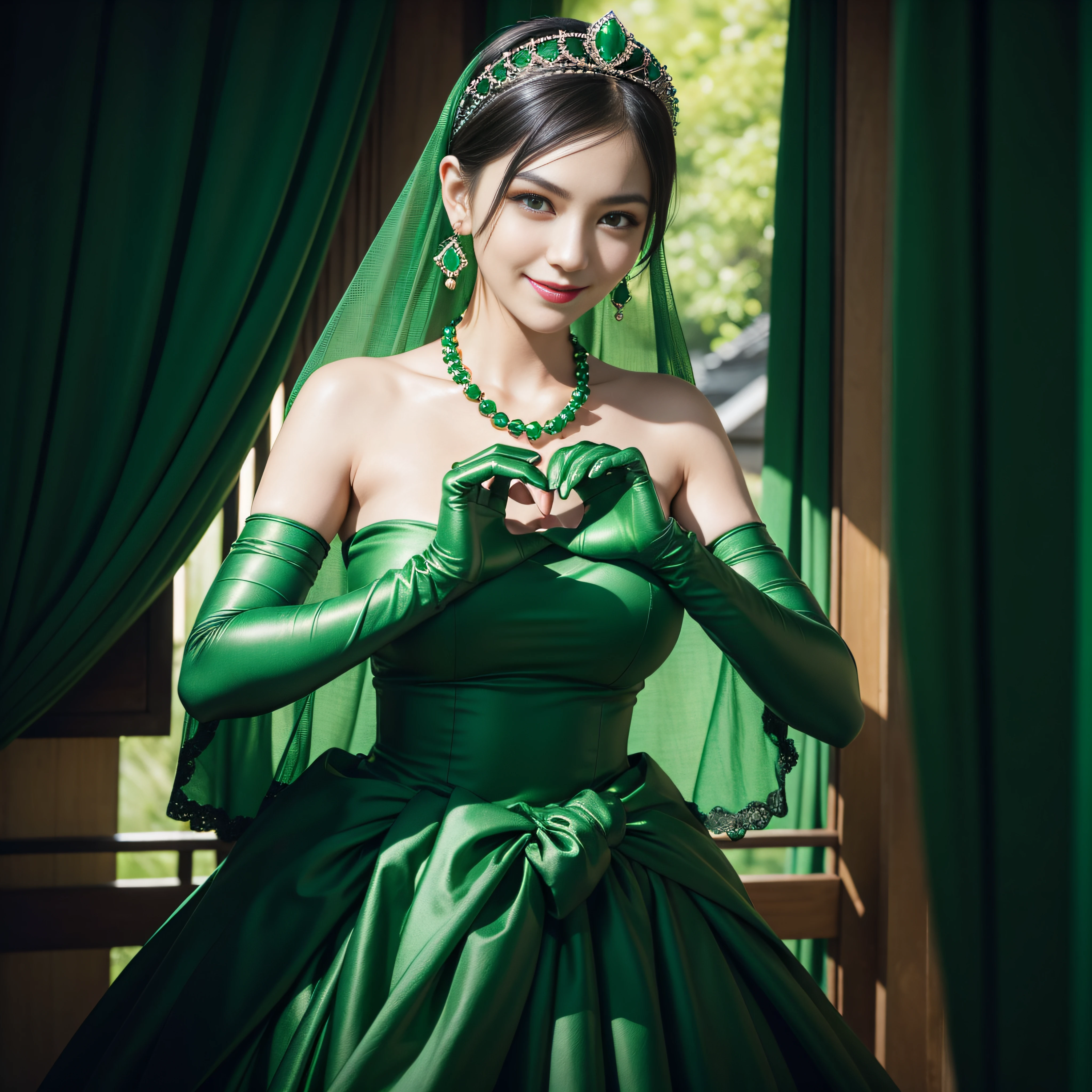 emerald tiara, Green Pearl Necklace, Boyish very short black hair, lipsticks, Japan woman smiling, very short short hair, big breasts beautiful, Green eyes, Long green gloves made of satin material, Green eyes, Emerald Earrings, green vale, Heart with both hands