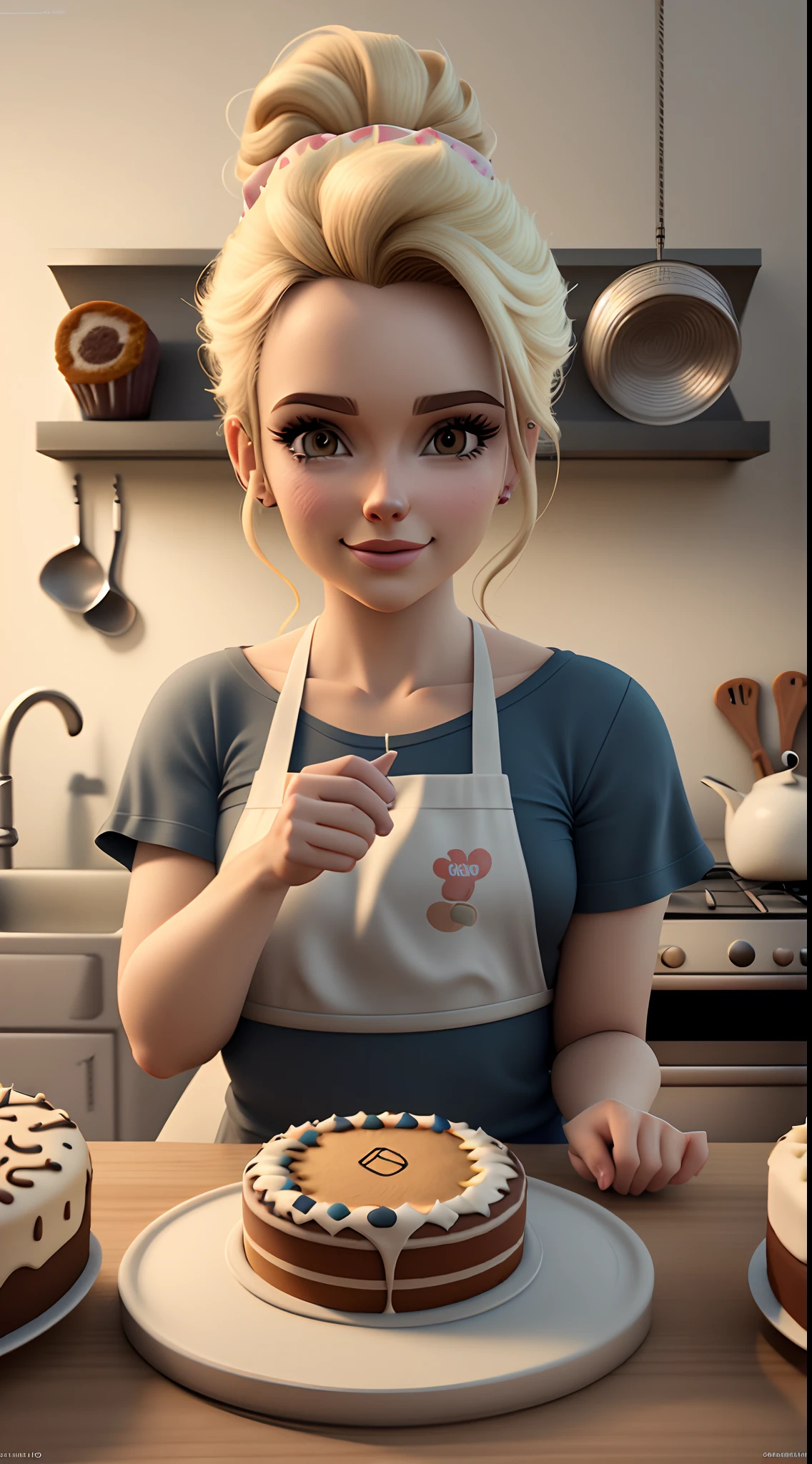 um poster 3d estilo Disney Pixar, It's a blonde girl, cabelos liso de olhos castanhos, she works baking party cakes, she is in a kitchen that has a wall with the name Karina Souza on it