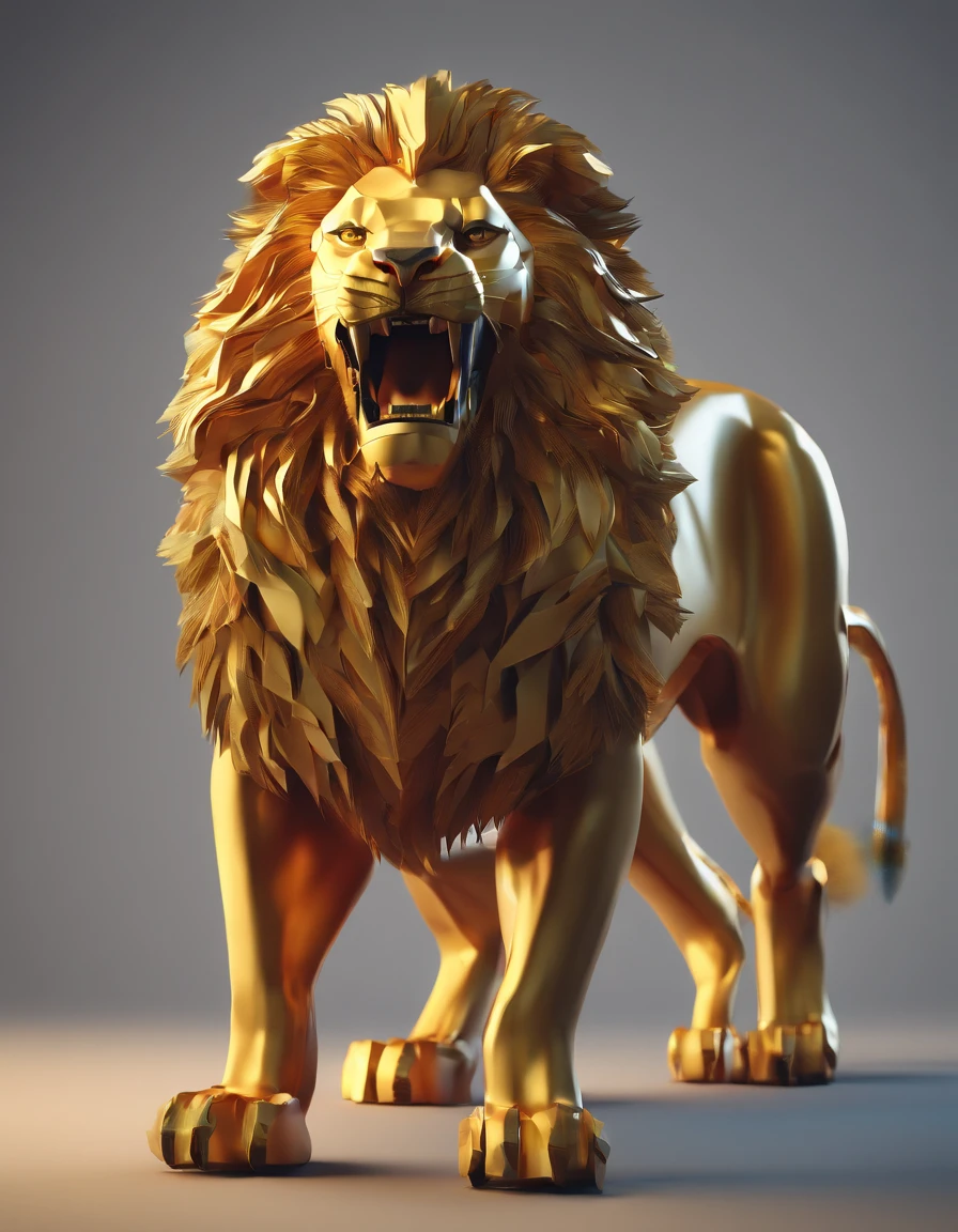 A lion roaring, paper origomi, cinematic light, golden particles, shallow depth of field, dark theme