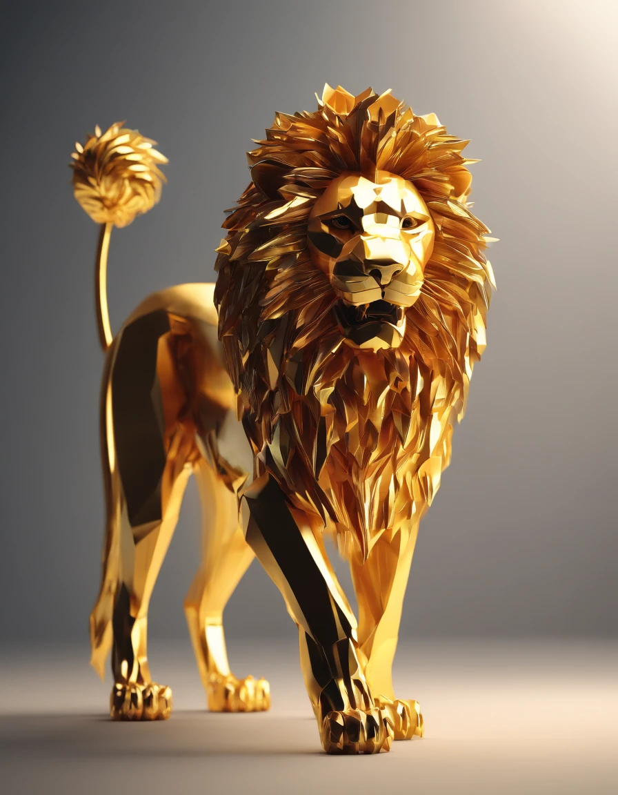 A lion roaring, paper origomi, cinematic light, golden particles, shallow depth of field, dark theme