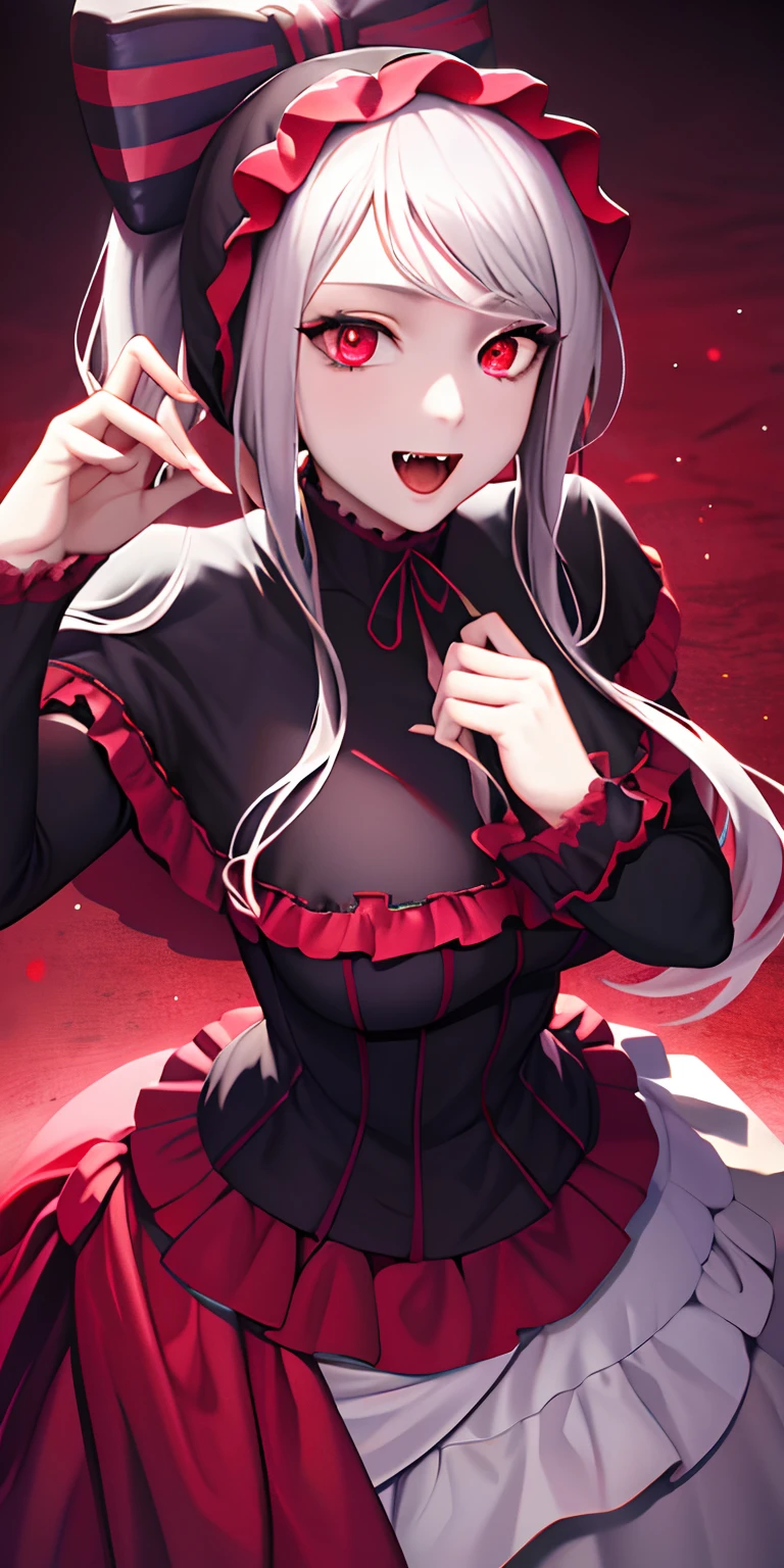 masterpiece, best quality, ShalltearV4, 1girl, solo, dress, frills, bow, hair bow, fangs, pale skin, glowing, glowing eyes, portrait, vampire