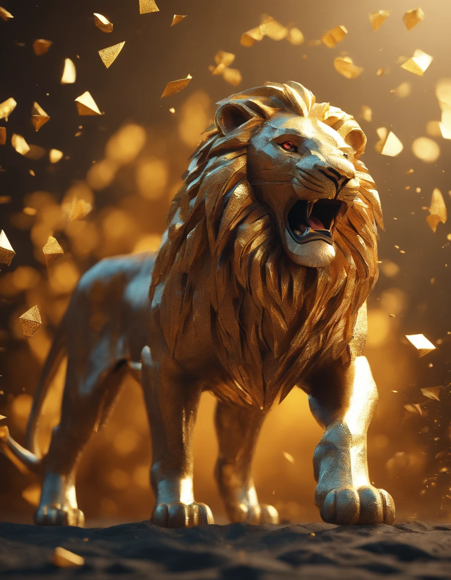A lion roaring, paper origomi, cinematic light, golden particles, shallow depth of field, dark theme
