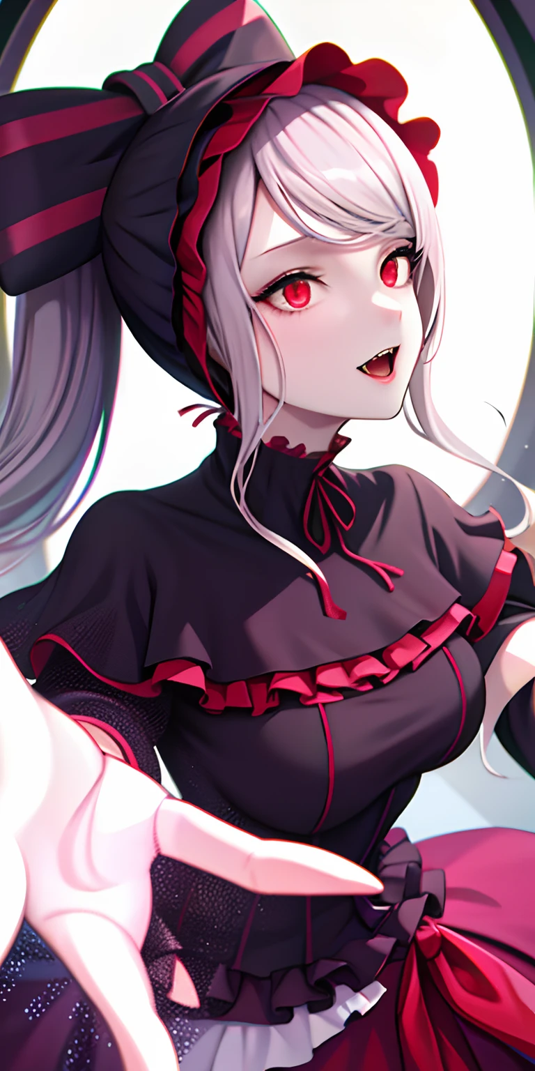 masterpiece, best quality, ShalltearV4, 1girl, solo, dress, frills, bow, hair bow, fangs, pale skin, glowing, glowing eyes, portrait, vampire