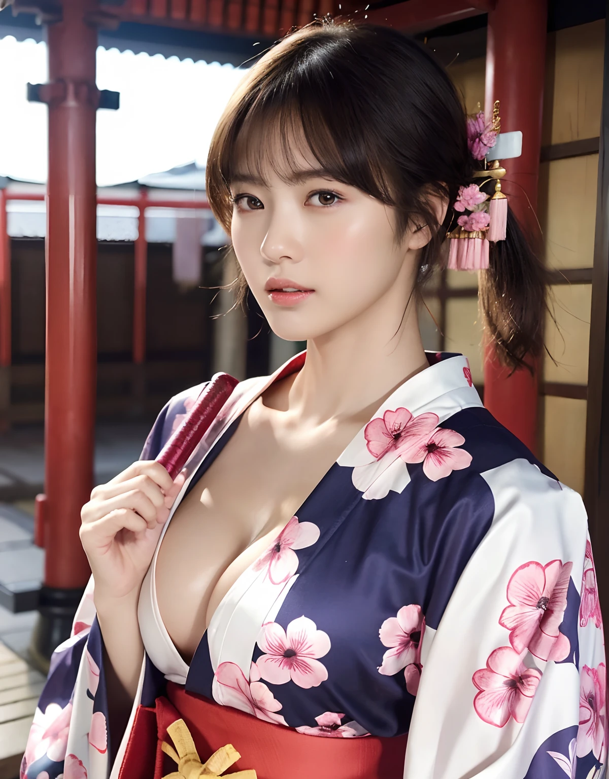 (top-quality、8K、32K、masterpiece、超A high resolution、nffsw:1.3)、(Japan idol:1.3)、1girl in、(Colossal tits:1.25)、(short-hair)、abdominals、the perfect body、((Takan Ninja)), Delicate facial features, Ultra-realistic, Hyper-realistic, 鎖骨、Shadow、octan render、((Wear a beautiful kimono with a high degree of exposure)),hyperdetailed face、Detailed lips、finely eye、二重まぶた、(魅惑的)、((agitation:1.5))、maikurobikini、((Navel))、Armpit、((Female ninja)),Kunoichi Ninja、Throw shurikens、Japan holding a sword、Mystical expression、shrine background、Old Town of Japan、((heavy breasts)),Toostock、mecosuji、Kimono with colorful floral pattern、highcontrast、(((Brightly colored kimono))),