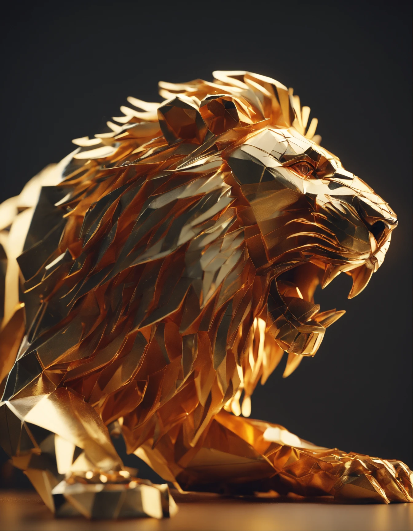 A lion roaring, paper origomi, cinematic light, golden particles, shallow depth of field, dark theme