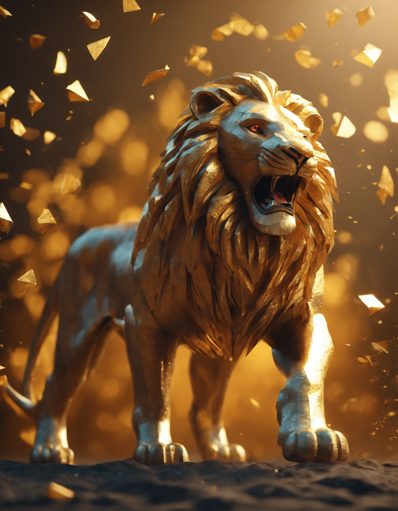 A lion roaring, paper origomi, cinematic light, golden particles, shallow depth of field, dark theme