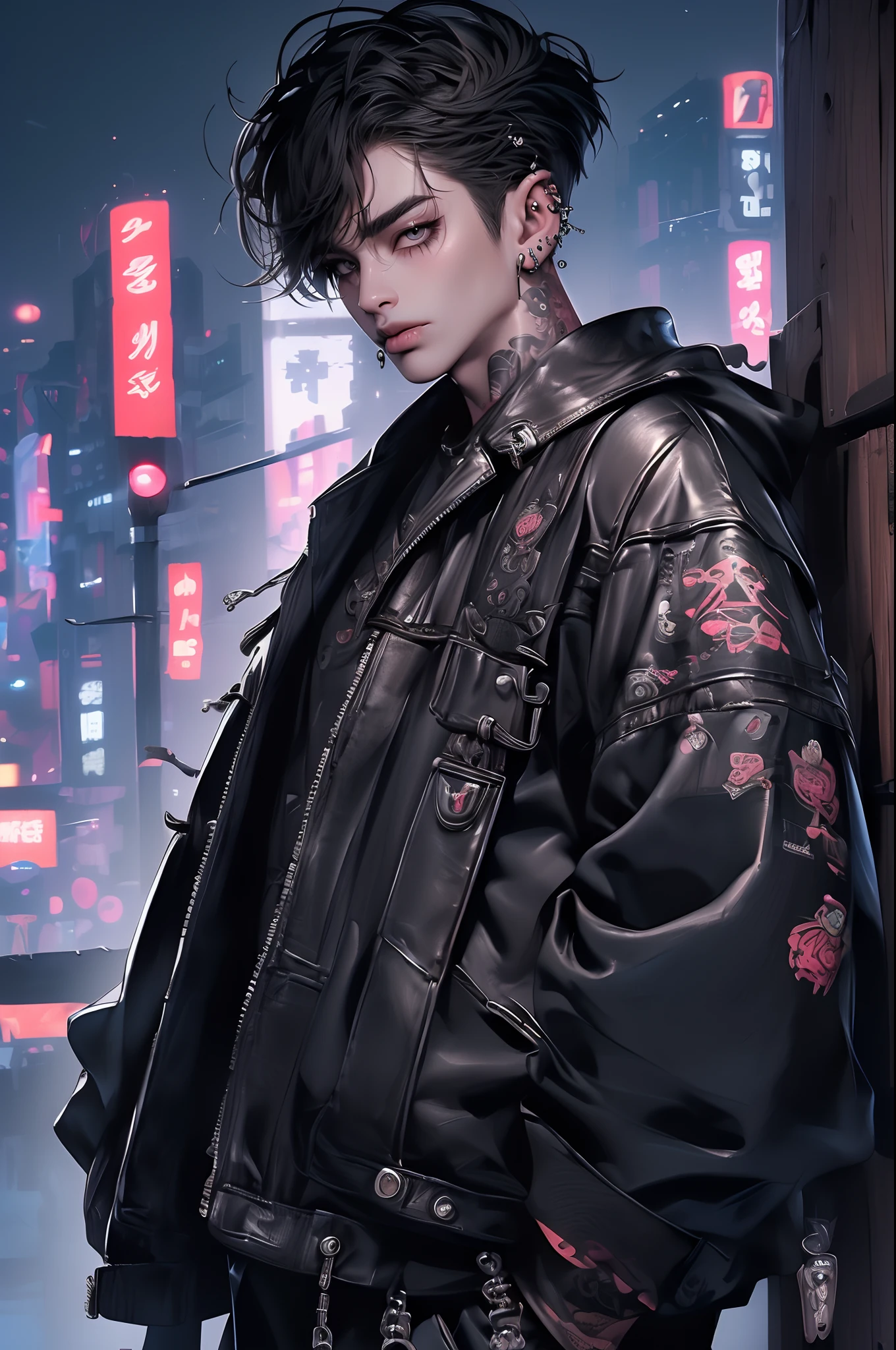 (4K works))、​masterpiece、(top-quality)、((Black cityscape background))、Korean Male、Adult male、((Adult 50 years old))、((Adult uncle type))、((Leather Jeans Style))、((Face similar to Hyunjin))、Cool Men、tall、((Wild features))、((Wild look))、((angry expressions))、((Long sleeve long trouser style))、((Smaller face))、Slim body、(((short-haired)))、((Shot alone))、((Solo Photography))、Professional Photos、((He is in front of the viewer))、((Upper body photography))、((Wear a lot of piercings))、((Piercing on the lips))、((Tongue piercing))、((Sick Boys))、((Mine Boys))、((Lots of tattoos))、((Mine photo))、((sassy pose))