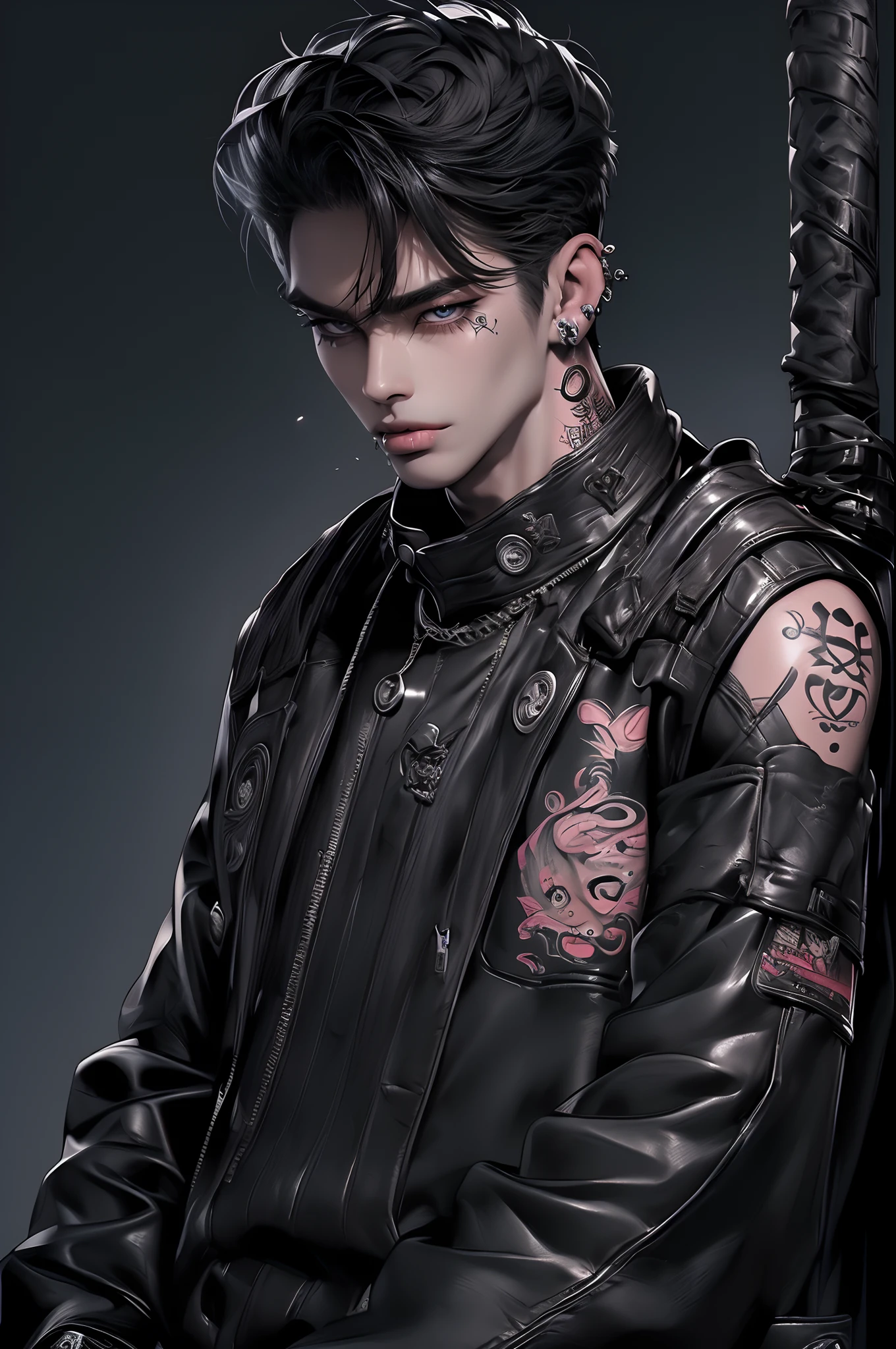A close up of a person wearing a leather jacket and holding a bat ...