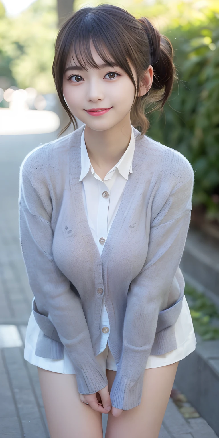 masutepiece, Best Quality, 
Ultra-detailed, finely detail, hight resolution, in 8K,
((Photorealsitic:1.4, Raw photography, 超A high resolution,Top image quality: 1.4)),
Wallpaper, 
((Perfect whole body configuration1.5)), 
Beautiful detailed eyes, Natural Color Lip,
((a serene smile:1.5)),
((Random and cute ponytails)), 
((large full breasts、The chest is wide open:1.2)),
((No underwear:1.5)),
((breastsout、under look eyes、breastsout、Mole on the arm:0.9)),
((Random blurry background)),((the setting sun)),((Colored leaves)),
((Random and cute facial expressions)),, 
very detailed and professional lighting、
Perfect dynamic composition, Beautiful detailed eyes,((bending forward:1.5)), ((Cardigan with open front:1.6)),((Take off the micro mini skirt:1,5)),((Smile,Harajuku)),((Sexy shot looking at camera))
