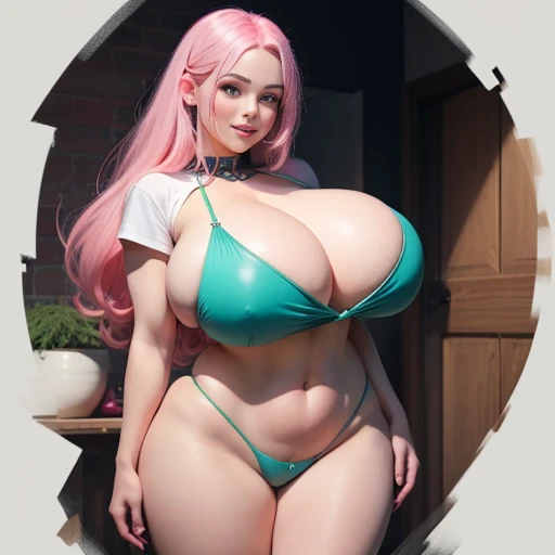 Masterpiece, best quality, fantasy girl, pink hair style, wearing a white t shirt, happy face and little smile with blue lips, big green eyes, ((massive breasts)), full body shot