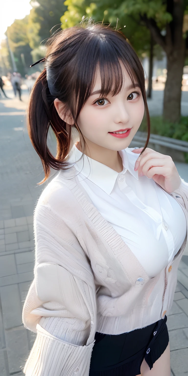 masutepiece, Best Quality,
Ultra-detailed, finely detail, hight resolution, in 8K,
((Photorealsitic:1.4, Raw photography, 超A high resolution,Top image quality: 1.4)),
Wallpaper,
((Perfect whole body configuration1.5)),
Beautiful detailed eyes, Natural Color Lip,
((a serene smile:1.5)),
((Random and cute ponytails)),
((large full breasts、The chest is wide open:1.2)),
((No underwear:1.5)),
((breastsout、under look eyes、breastsout、Mole on the arm:0.9)),
((Random blurry background)),((the setting sun)),((Colored leaves)),
((Random and cute facial expressions)),,
very detailed and professional lighting、
Perfect dynamic composition, Beautiful detailed eyes,((bending forward:1.5)), ((Cardigan with open front:1.6)),((Take off the micro mini skirt:1,5)),((Smile,Harajuku)),((Sexy shot looking at camera))