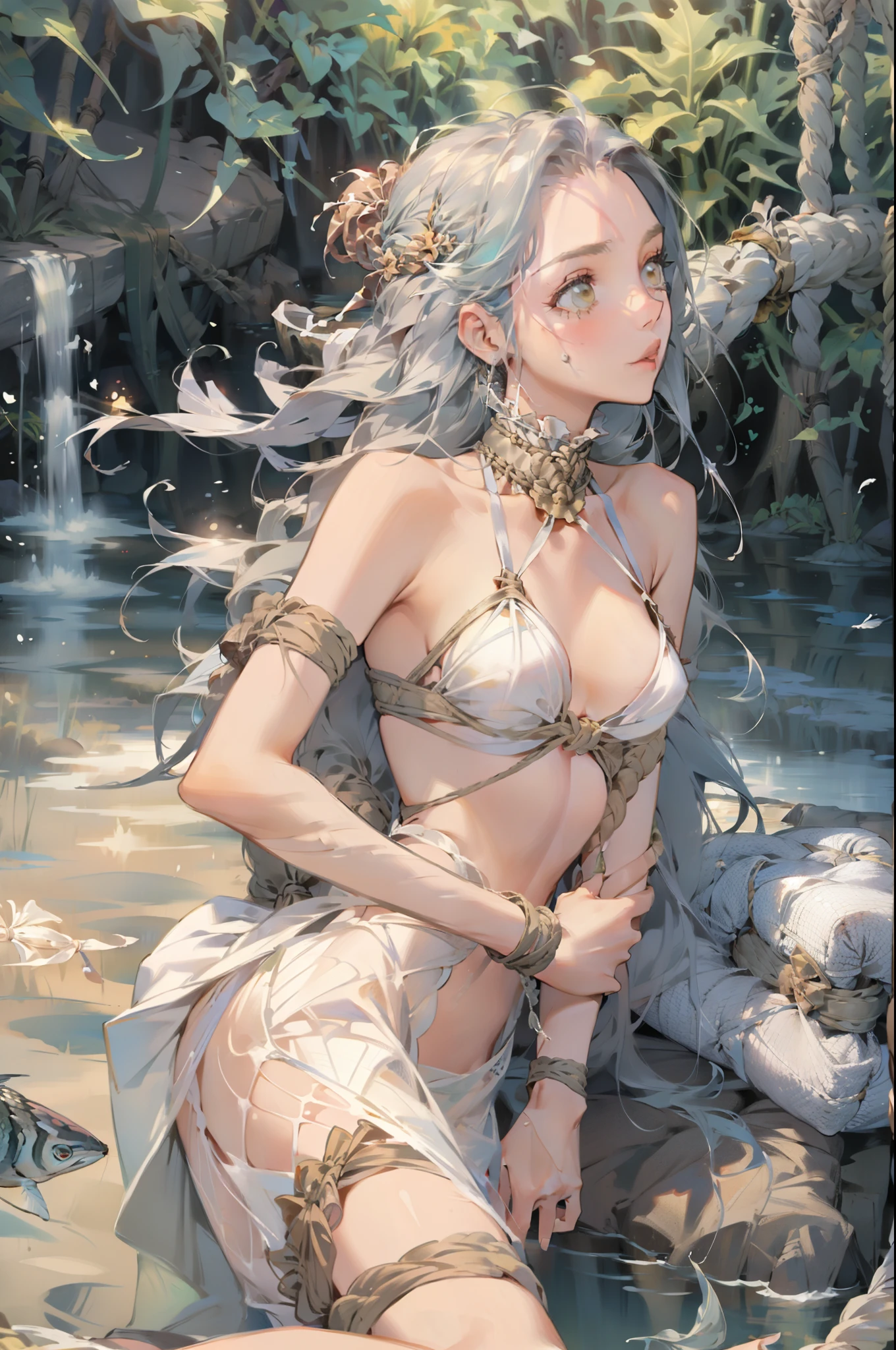 1 girl, adult, beautiful, long silver hair, small breasts, fear, water, river, mermaid, transparent fish scales, ((wrists tied, Rope Bondage , Hemp rope)), transparent fish scales, fish fins, river, mystical