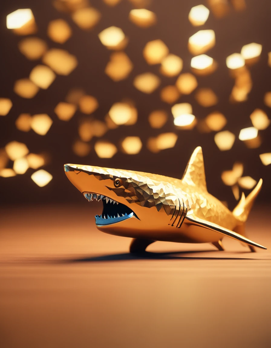 A shark, paper origomi, cinematic light, golden particles, shallow depth of field, dark theme