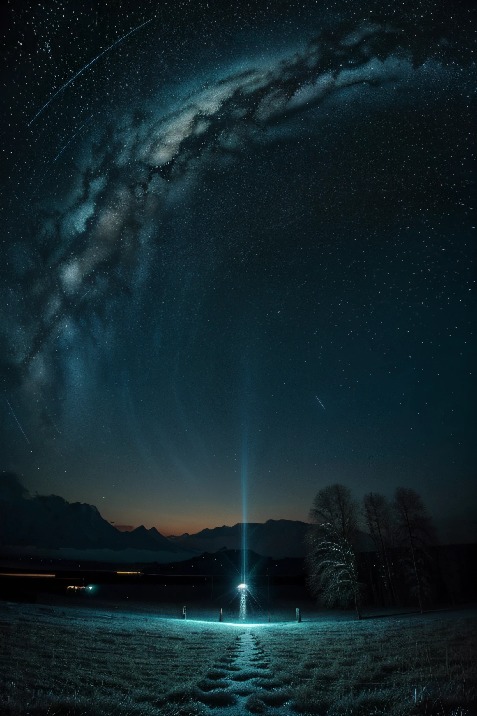 a painting of starry sky with a starry path, in the style of spiral group, romantic scenery, dark cyan and teal, dark cyan and orange, mind-bending murals, mesmerizing optical illusions, mystical creatures