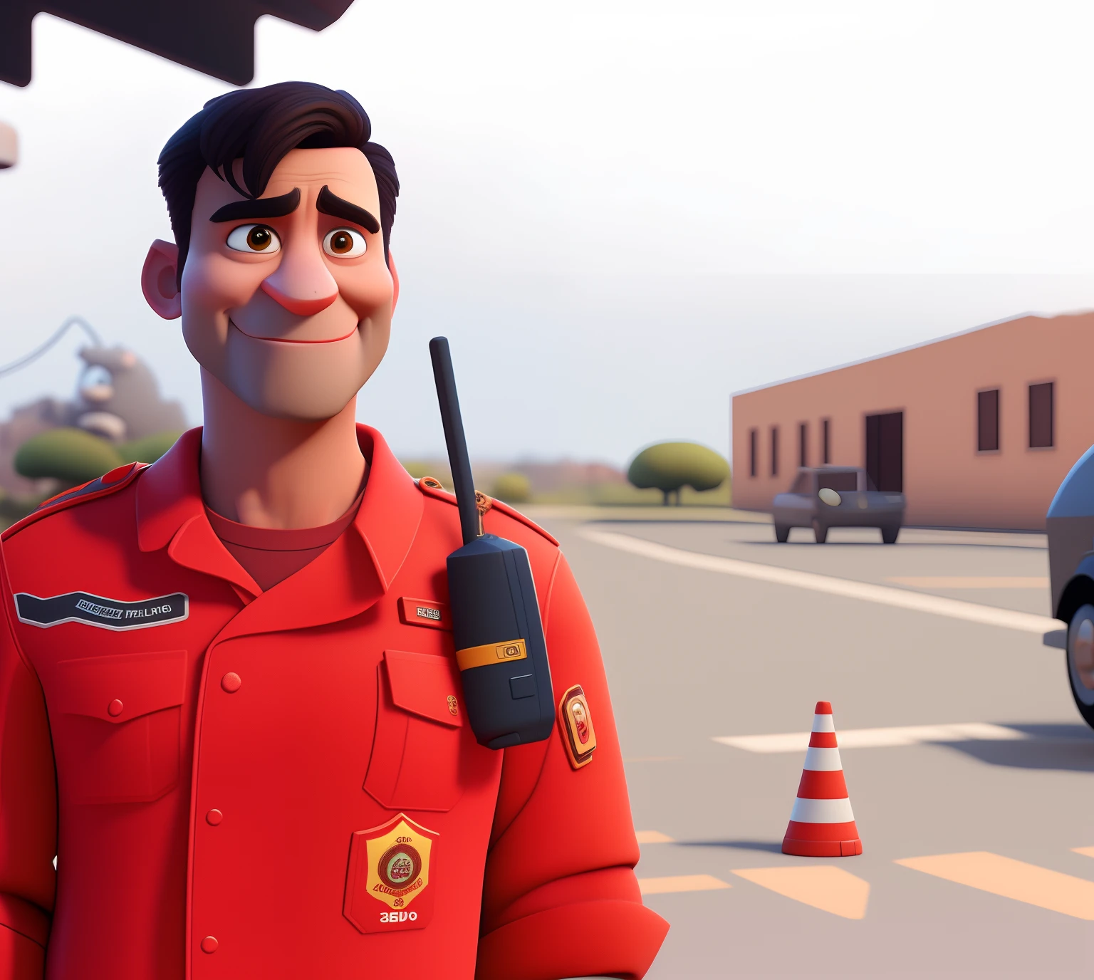 Homem Arafed em uniforme vermelho segurando um walkie talkie, pixar retrato 8 k foto, renderizar na pixar, animado ainda, animation still, Bombeiro Sam, Como um personagem da Pixar, Representado como um personagem da Pixar, filme ainda 8K, Pixar Zootopia. 3D-rendering, filme fotorrealista ainda, semi-realistic rendering, pixar 8 k foto, pixar octane render