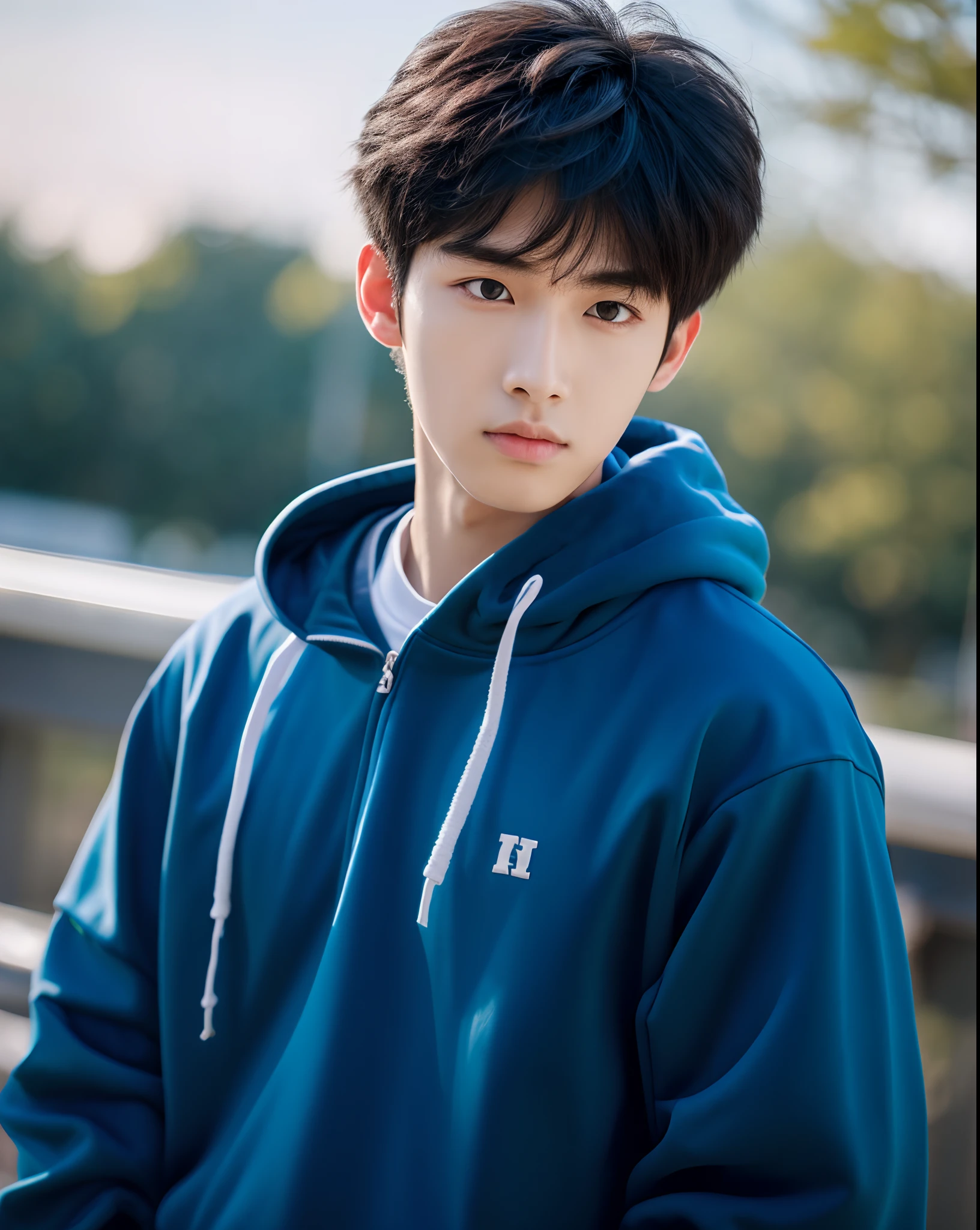  boy，Inspired by Cai Xukun，Zhang Han，8k，sportrait，Wearing a stylish sweatshirt，Gaze at the lens with double eyelids，tall nose bridge